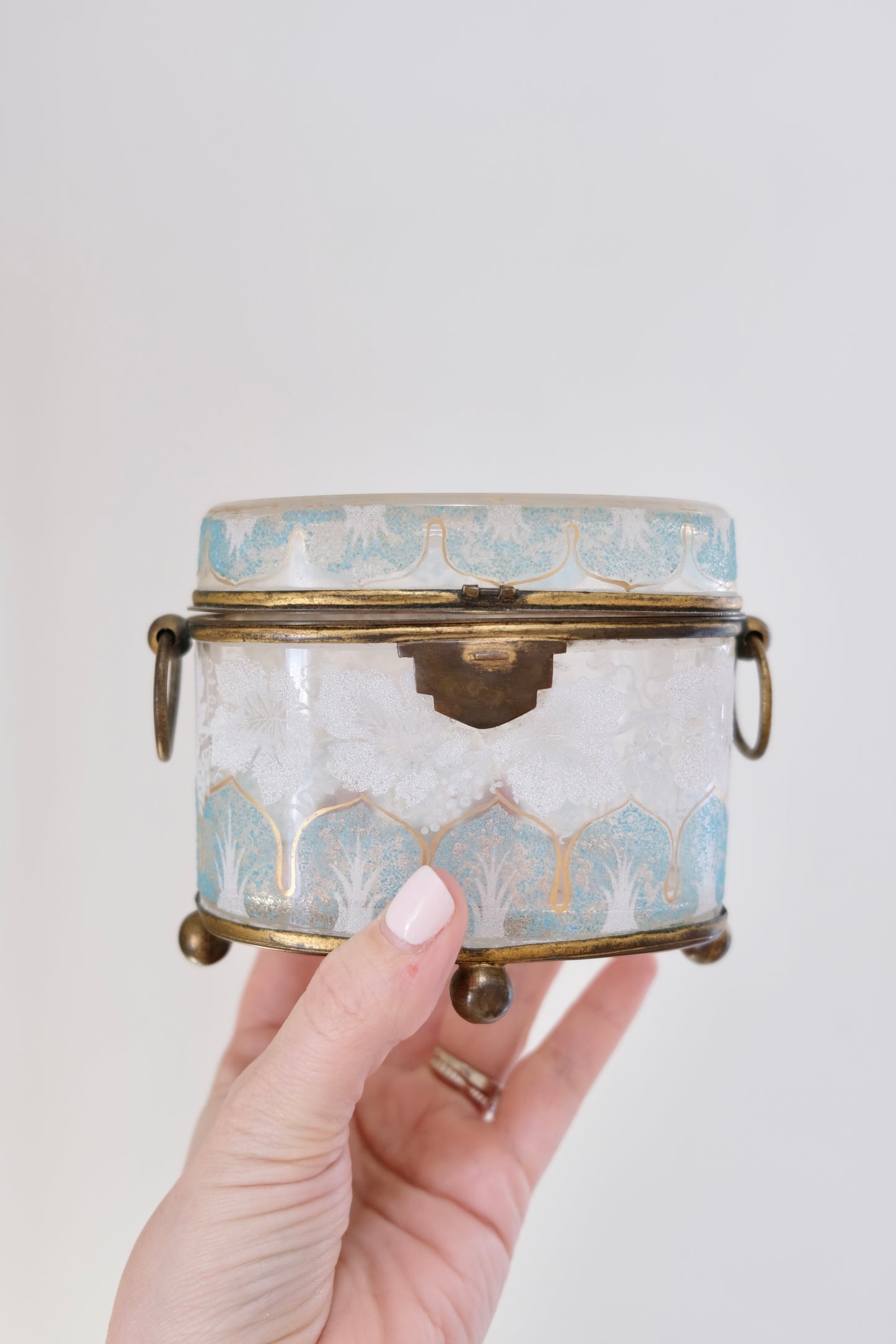 Antique Glass Jewelry Box with Blue and White Details