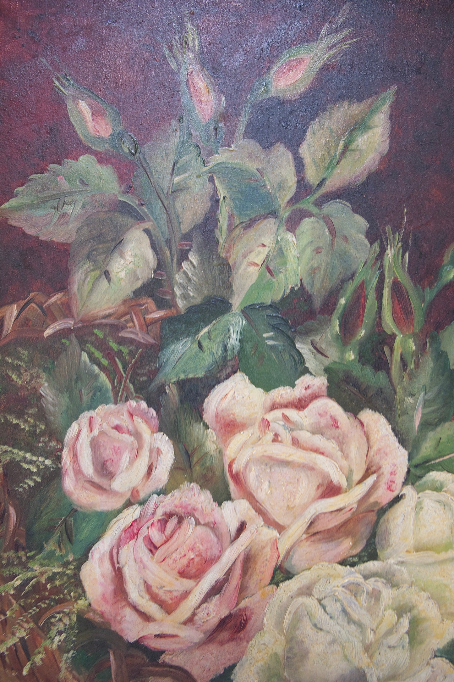 Antique Oil Painting on Board of a Moody Rose Bouquet