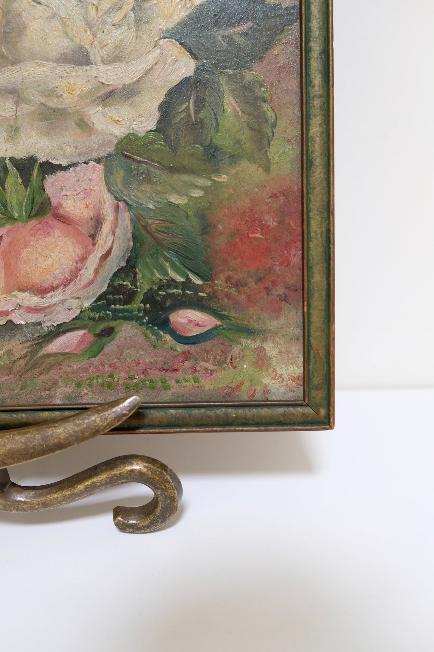 Antique Oil Painting on Board of a Moody Rose Bouquet