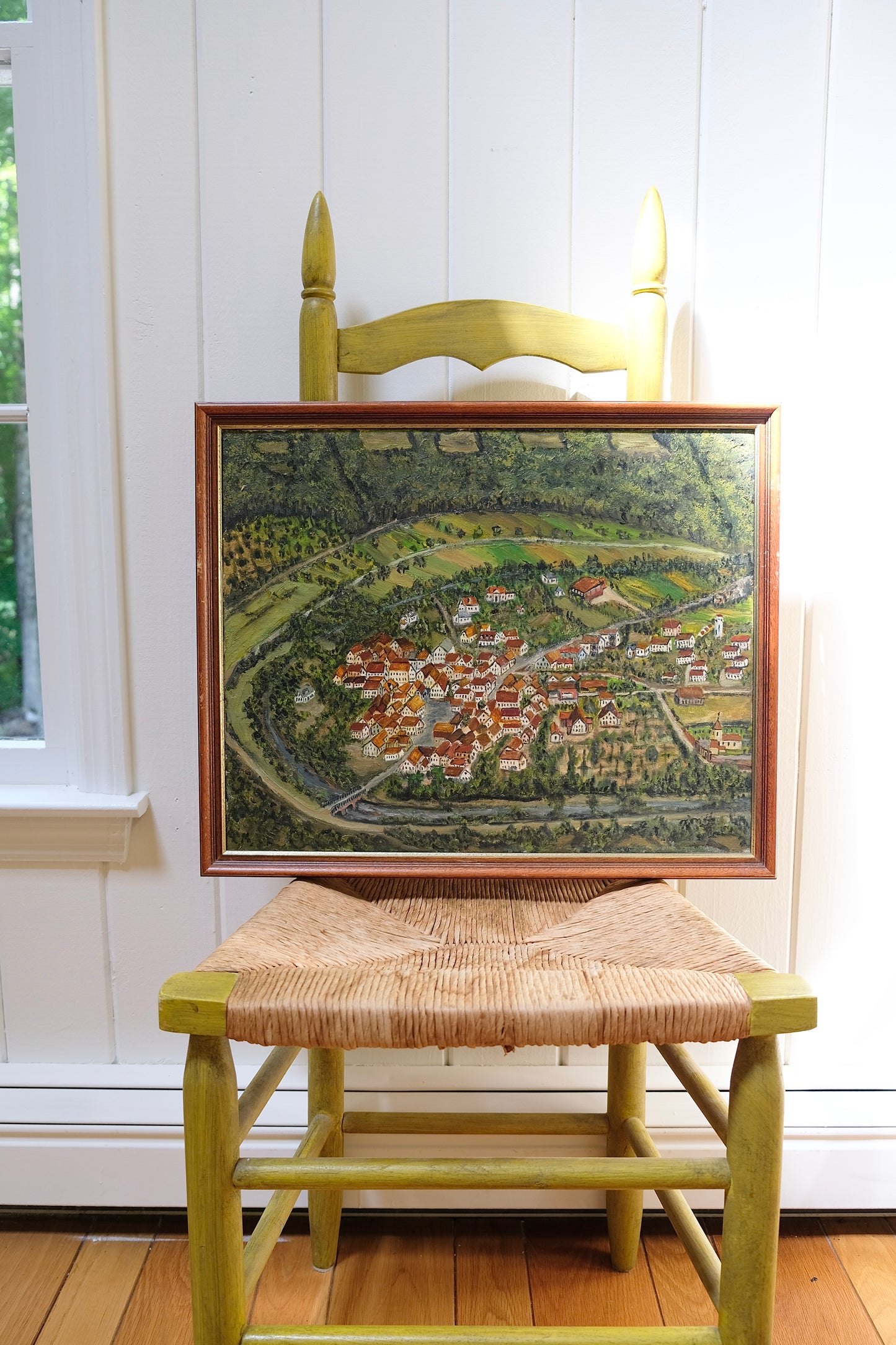 Vintage European Village Scene Oil Painting