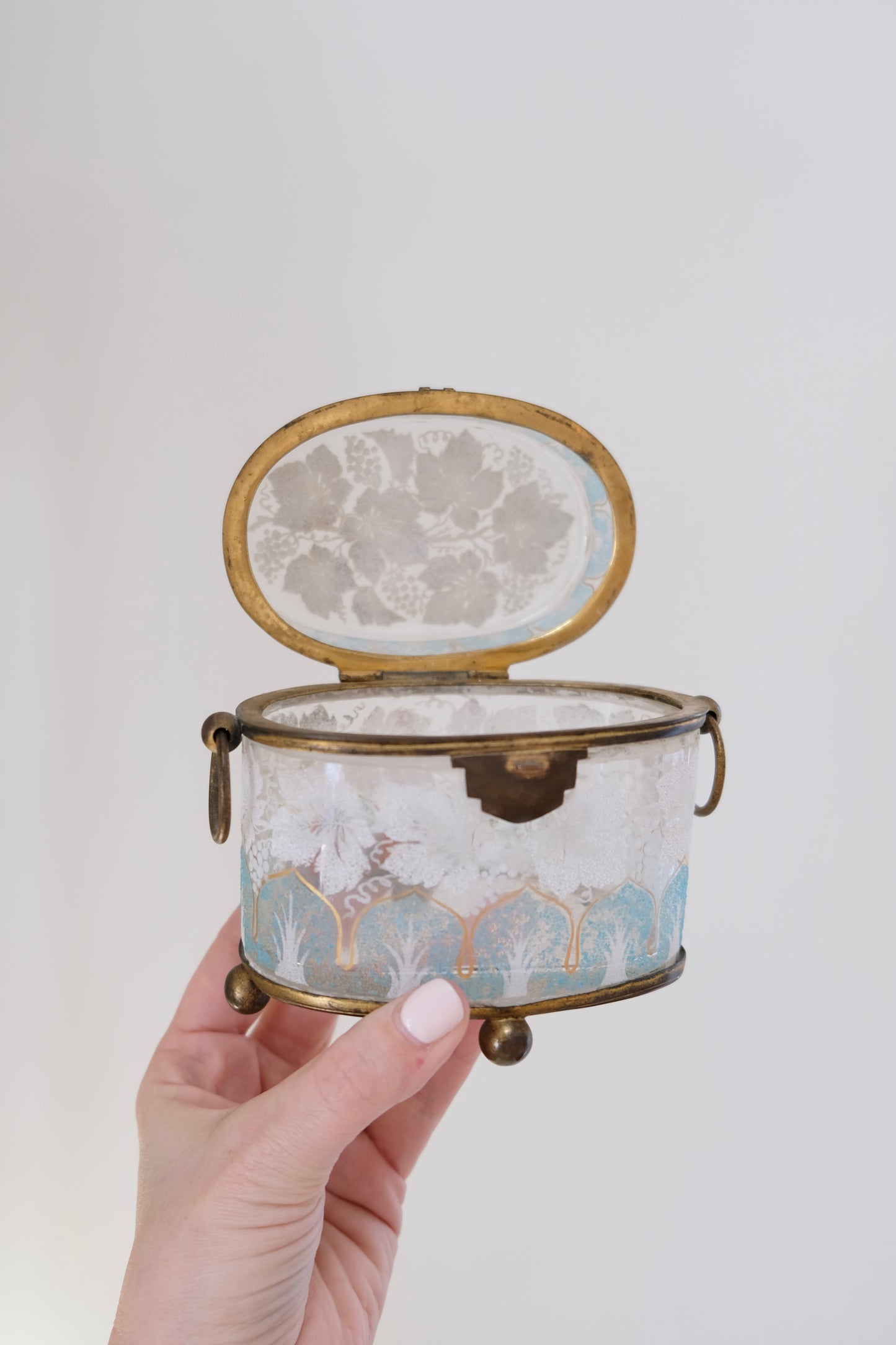 Antique Glass Jewelry Box with Blue and White Details