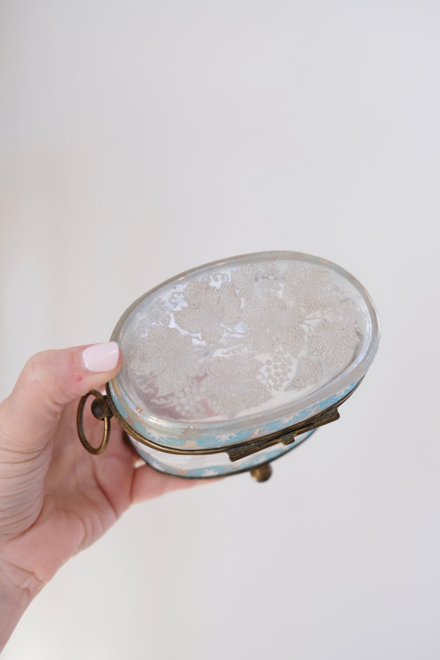 Antique Glass Jewelry Box with Blue and White Details