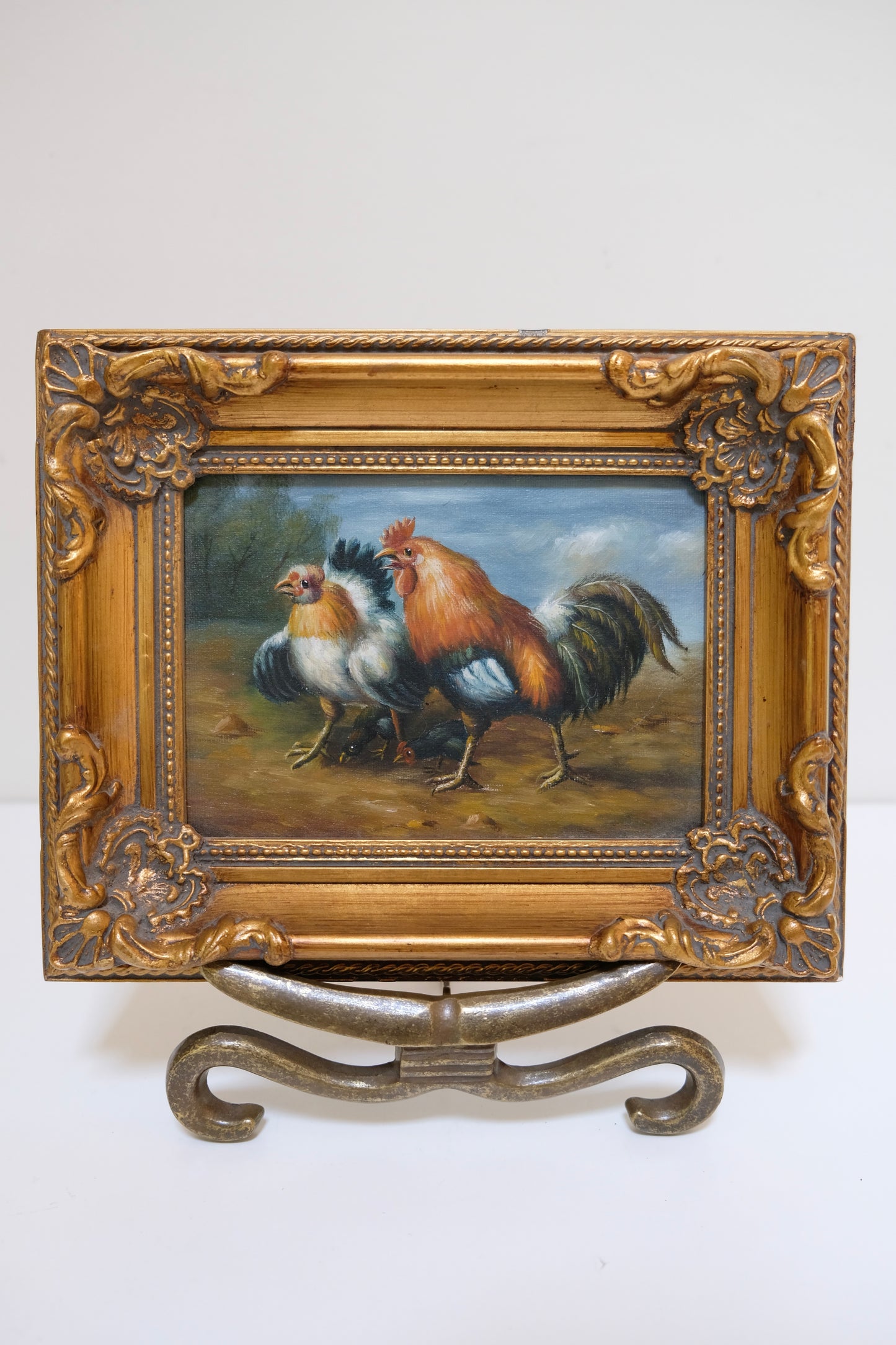 Vintage Rooster/Chickens Oil Painting in Ornate Frame