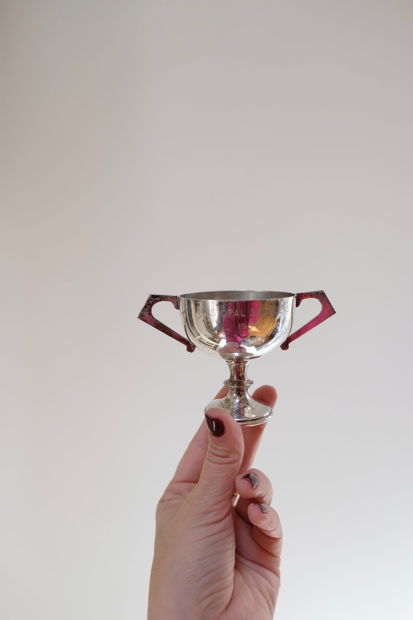 Tiny Vintage English Trophy, awarded to Mrs. Opal Saunders in 1950