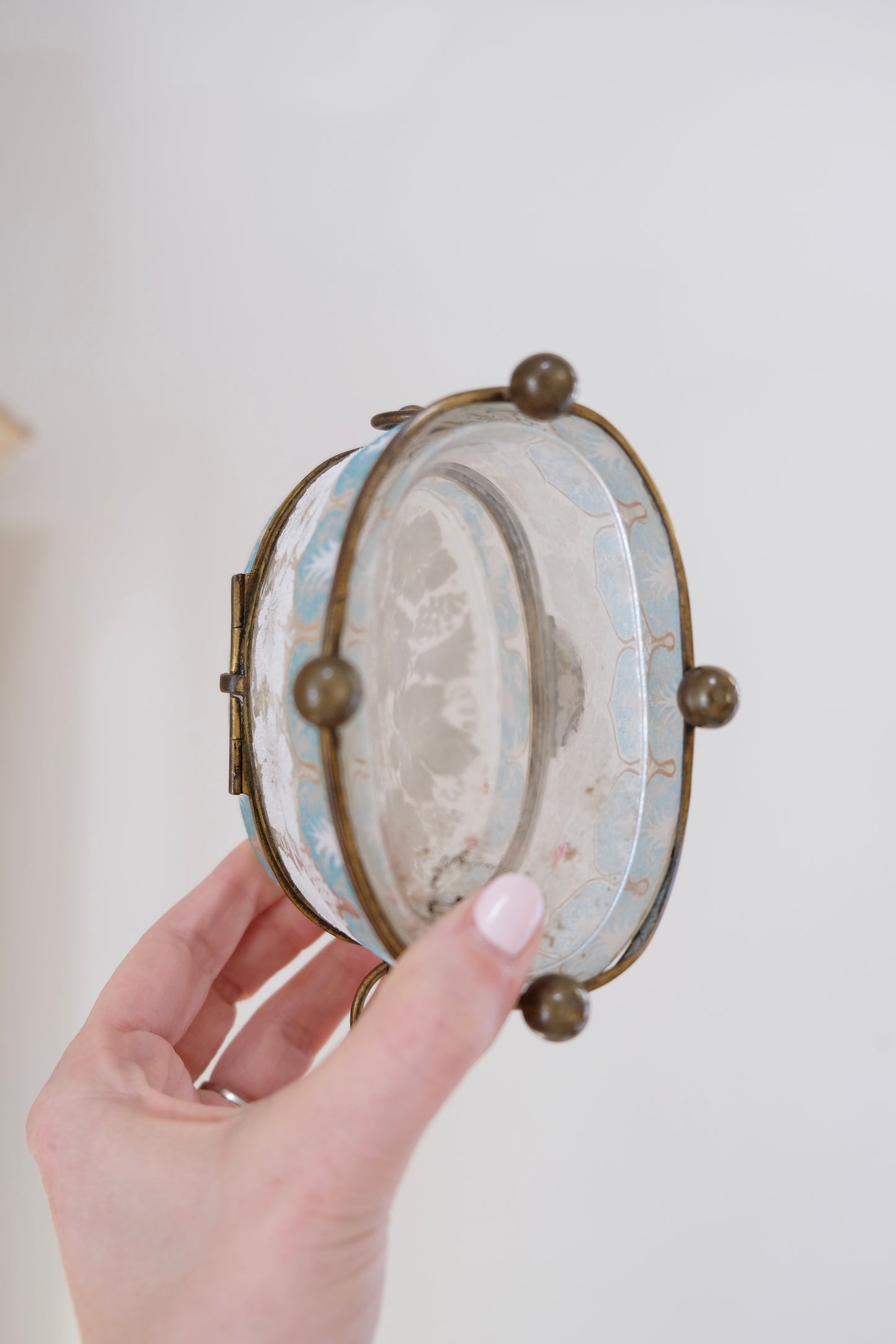 Antique Glass Jewelry Box with Blue and White Details