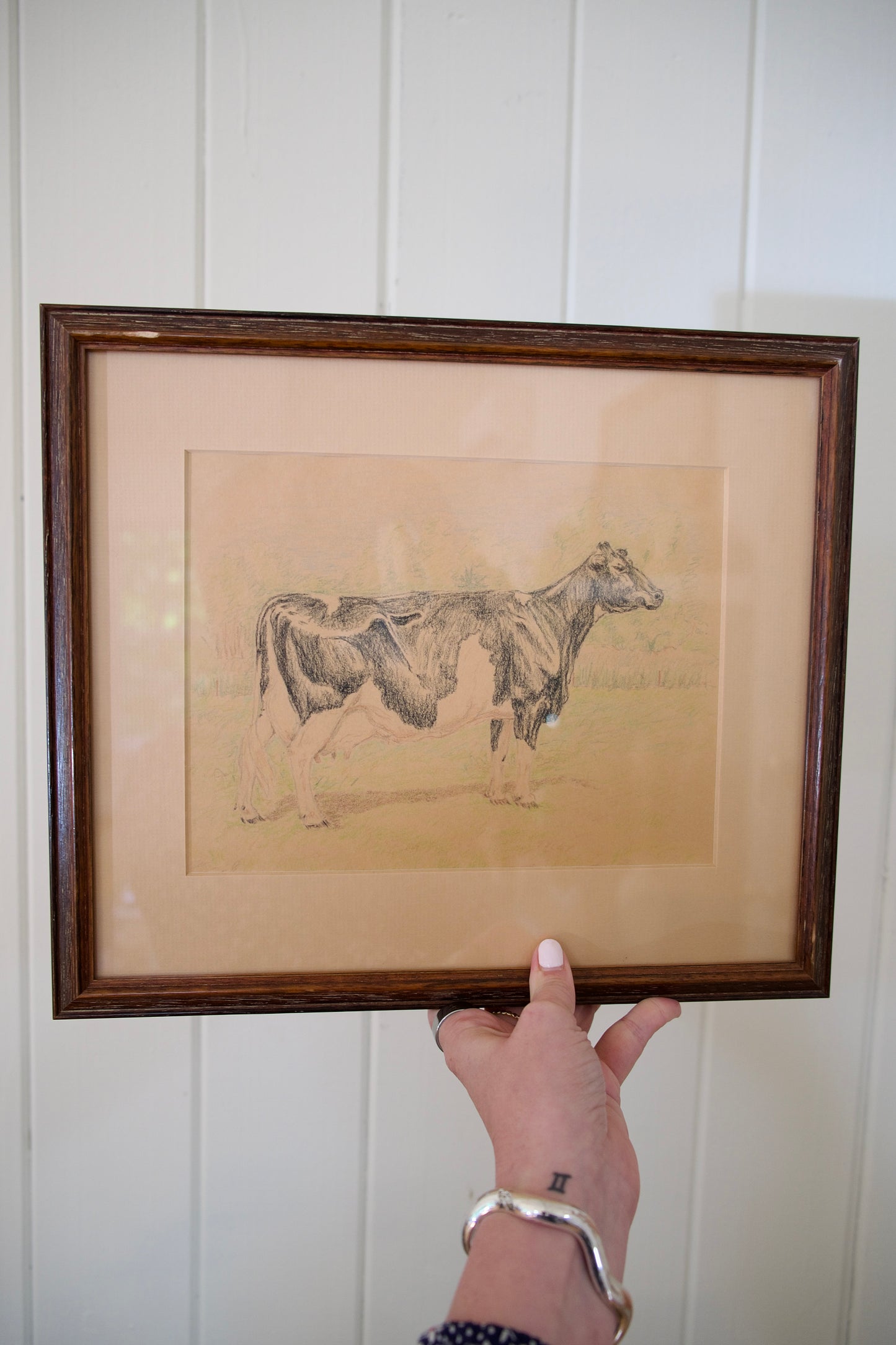 Vintage Framed Cow Drawing – 14” x 12”