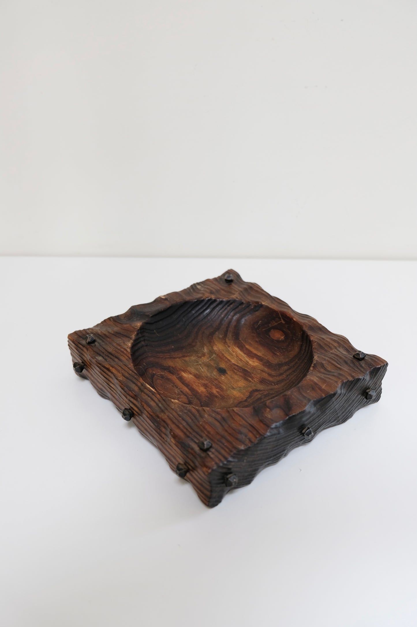 Vintage Gothic Carved Wood Catch-All with Iron Nail Accents