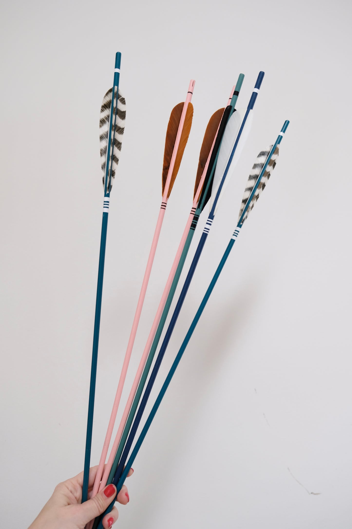 Two Sets of Three Incredible Vintage Wooden Arrows with Goose Feathers