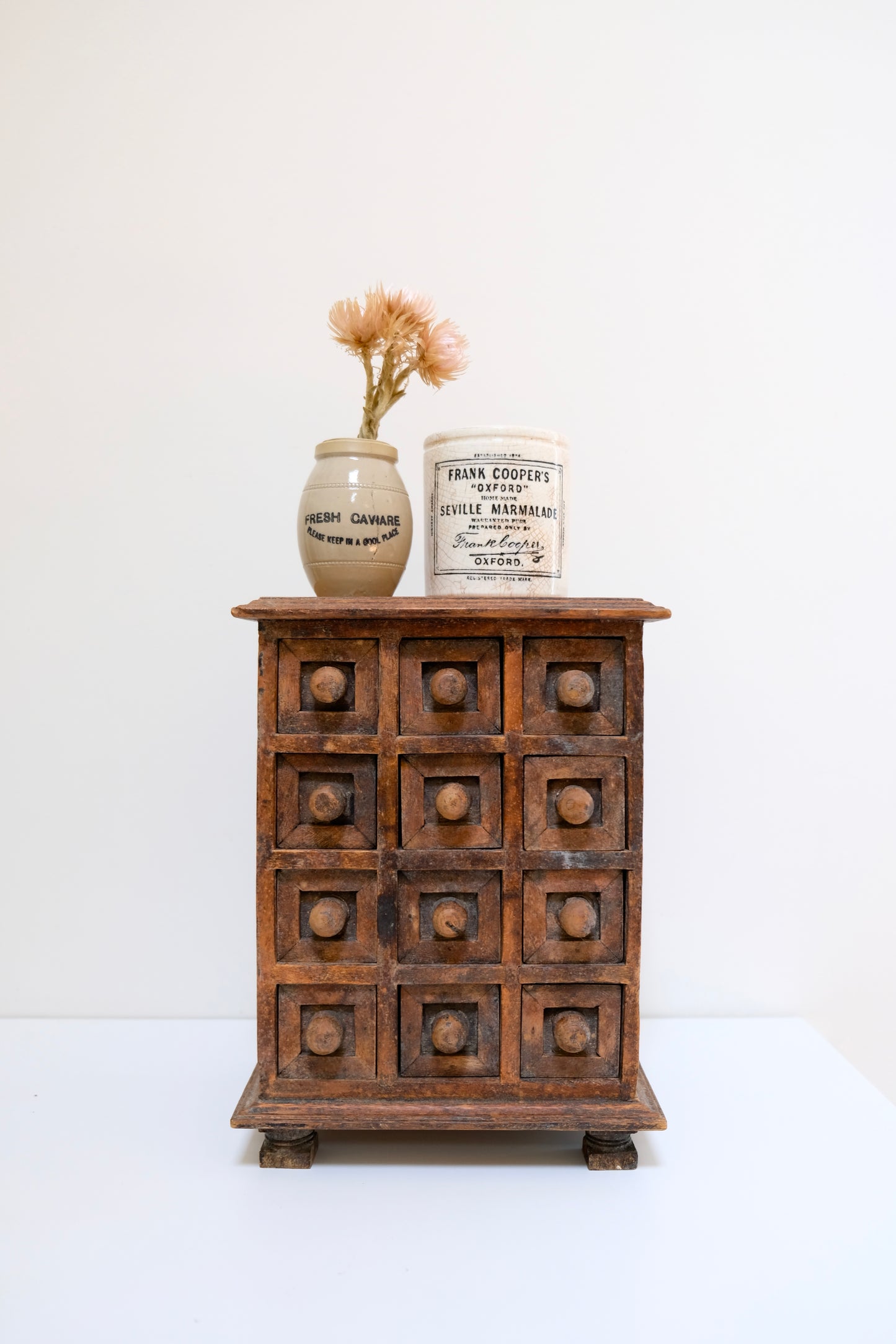 Vintage Hand-Carved Apothecary Footed Dresser