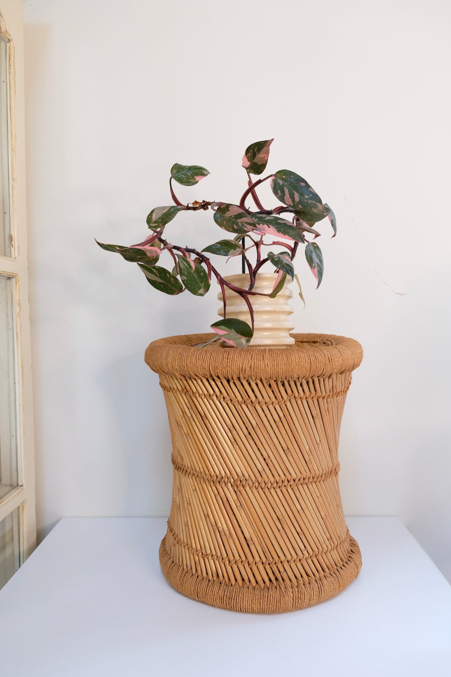 Vintage Jute Wicker Pencil Reed Bamboo Stool/Stands