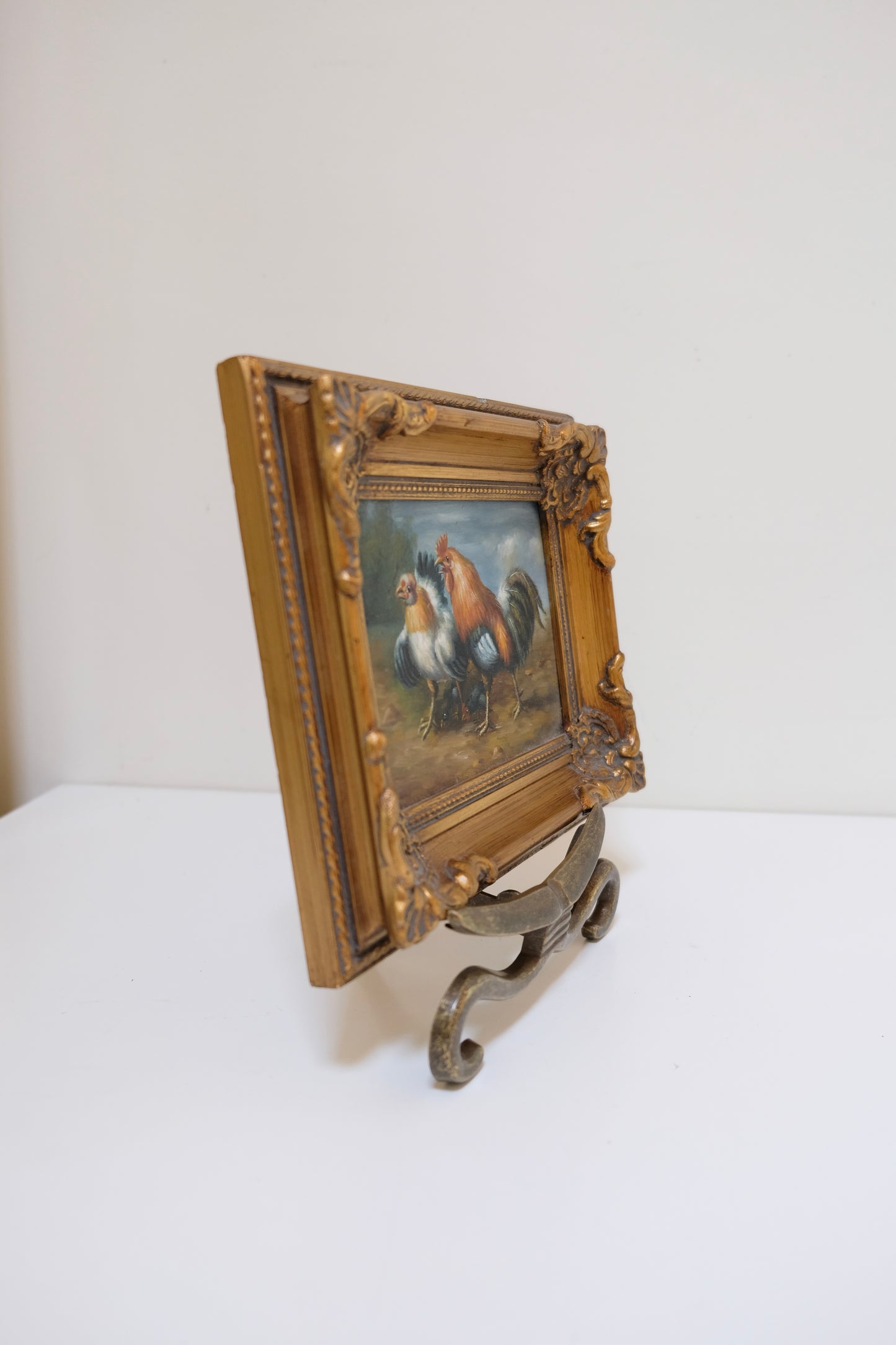 Vintage Rooster/Chickens Oil Painting in Ornate Frame
