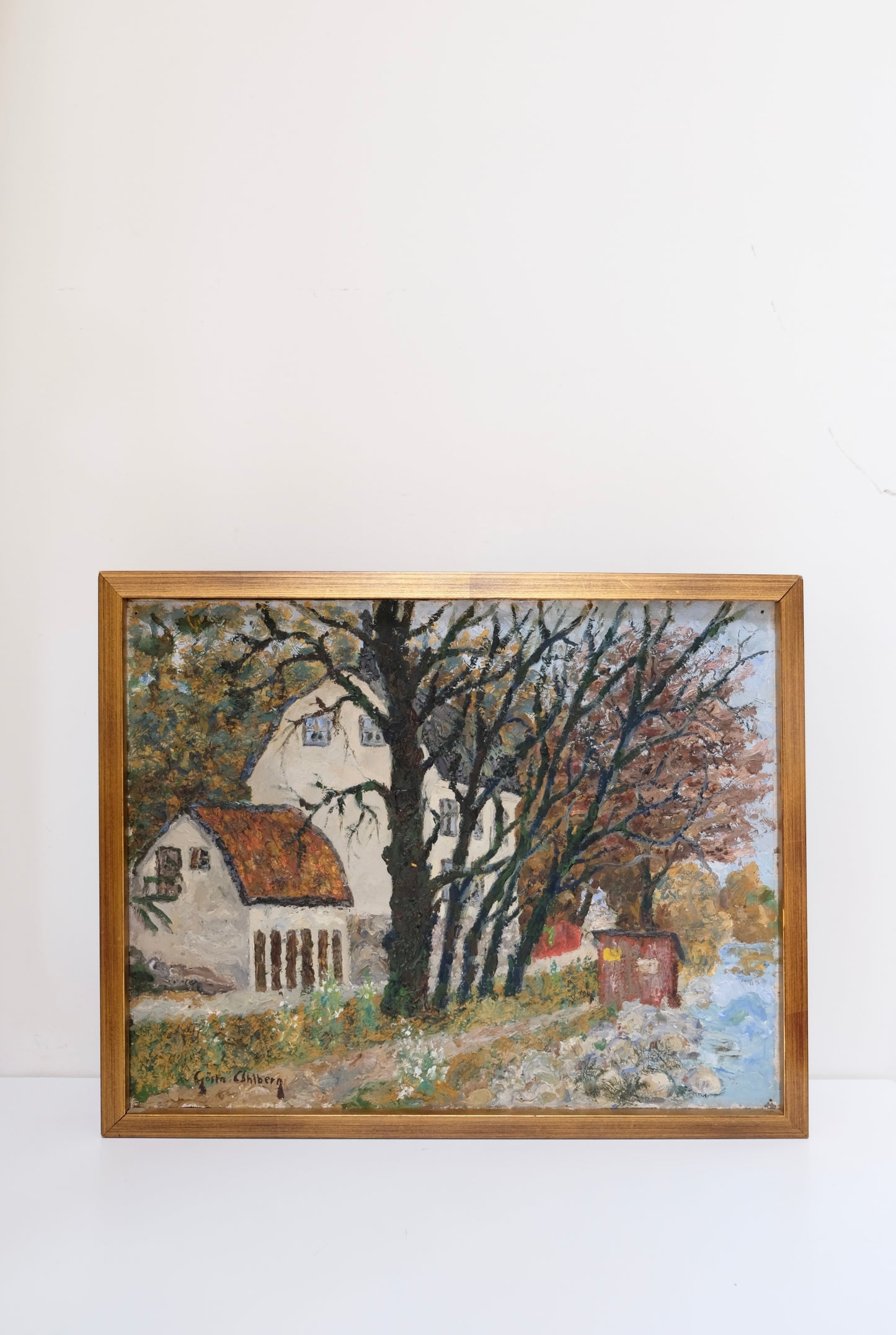 Vintage Impressionist Oil Painting of a Farmhouse by a River