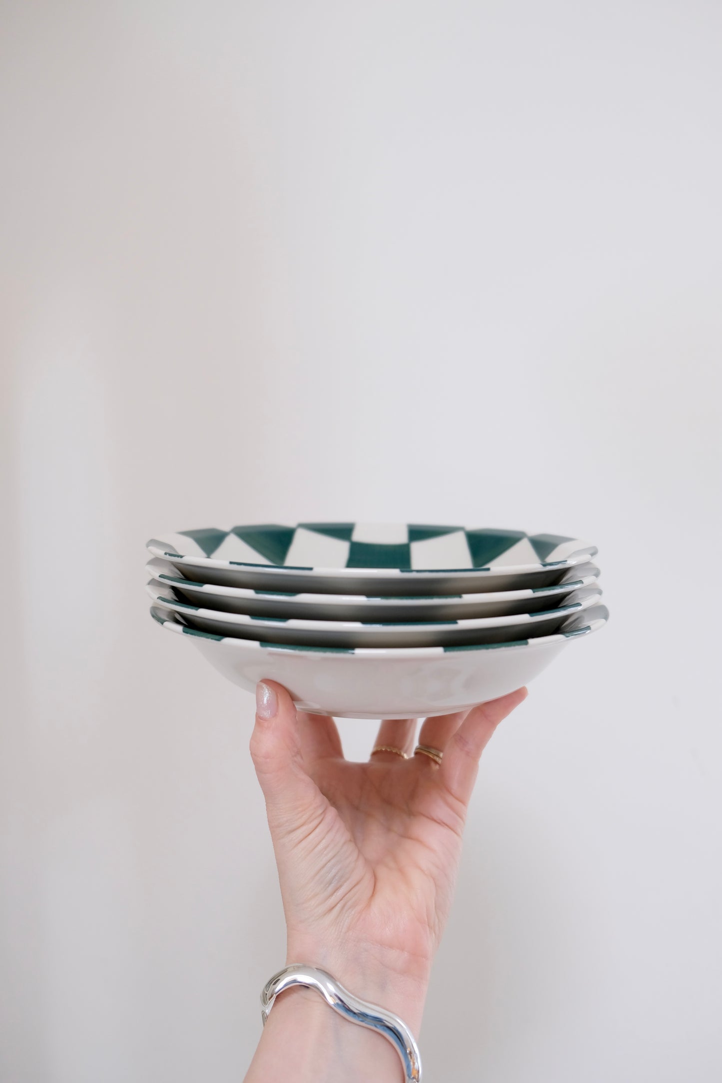 Set of 4 Vintage Waechtersbach Green Checkered Stoneware Bowls