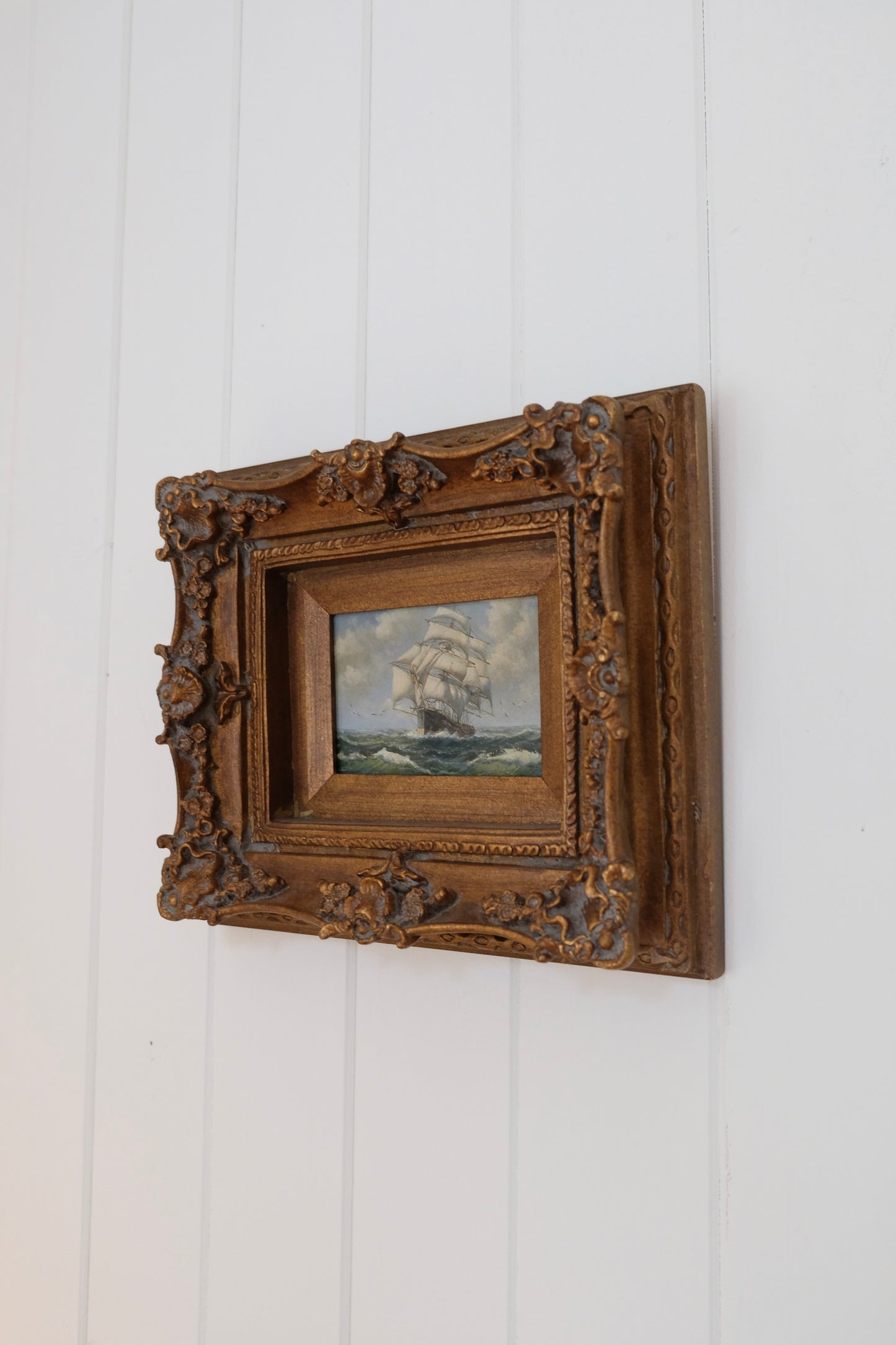 Vintage Nautical Oil Painting of Tall Ship in Ornate 3" Deep Carved Wood Frame – Signed