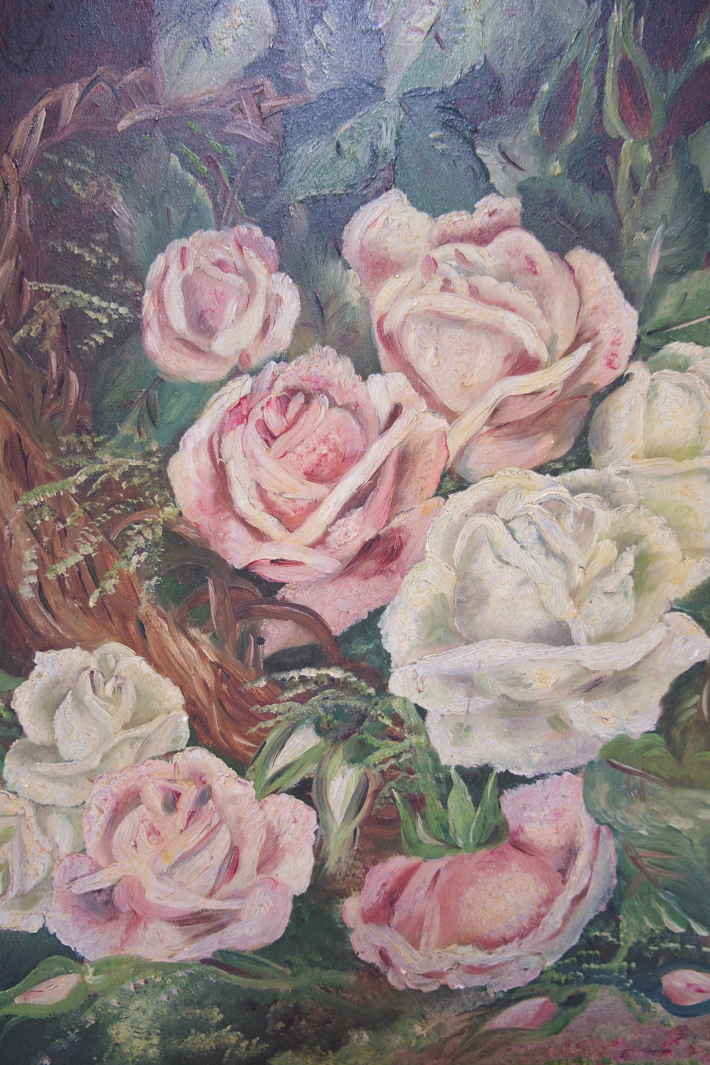 Antique Oil Painting on Board of a Moody Rose Bouquet