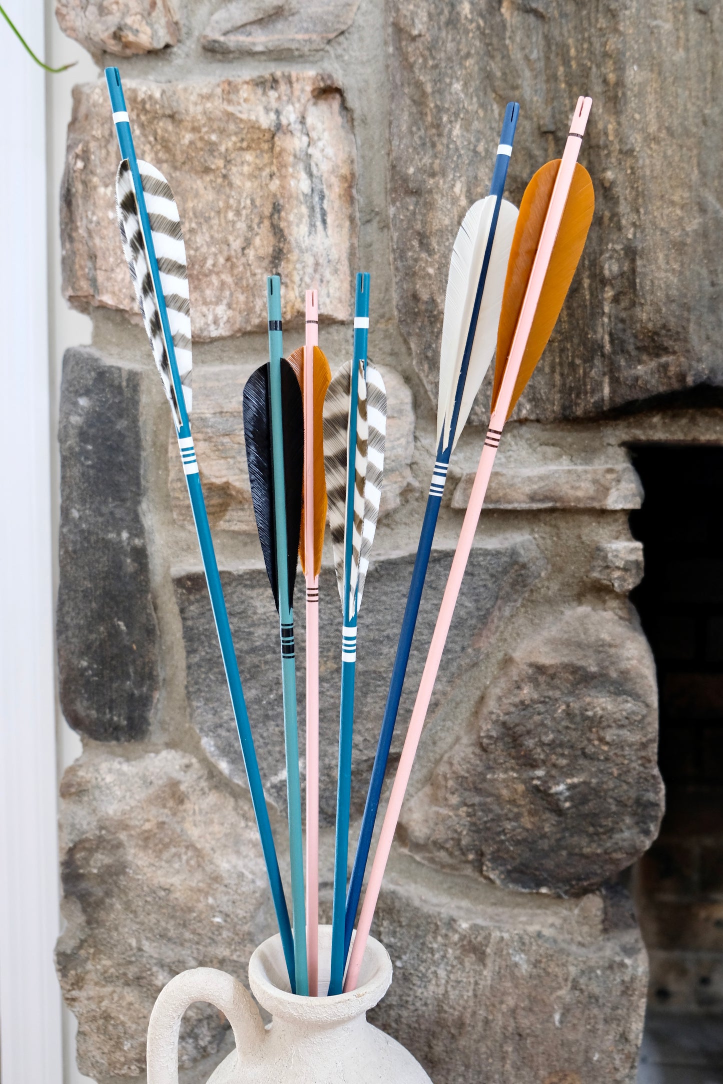 Two Sets of Three Incredible Vintage Wooden Arrows with Goose Feathers