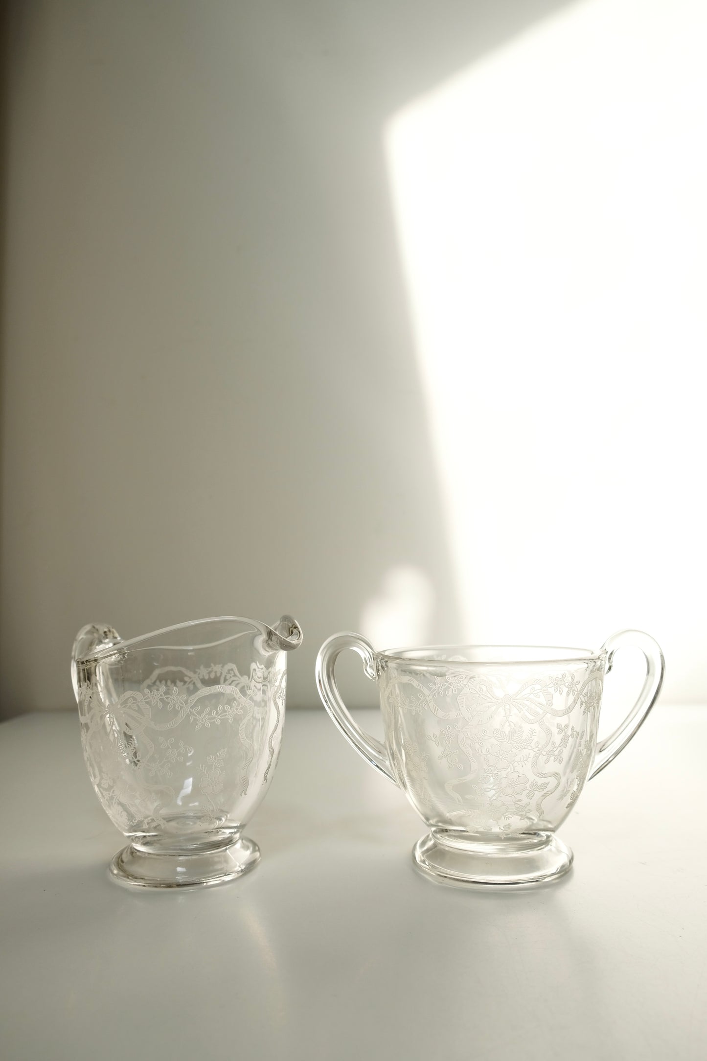 Vintage Fostoria Etched Glass Sugar & Creamer Set