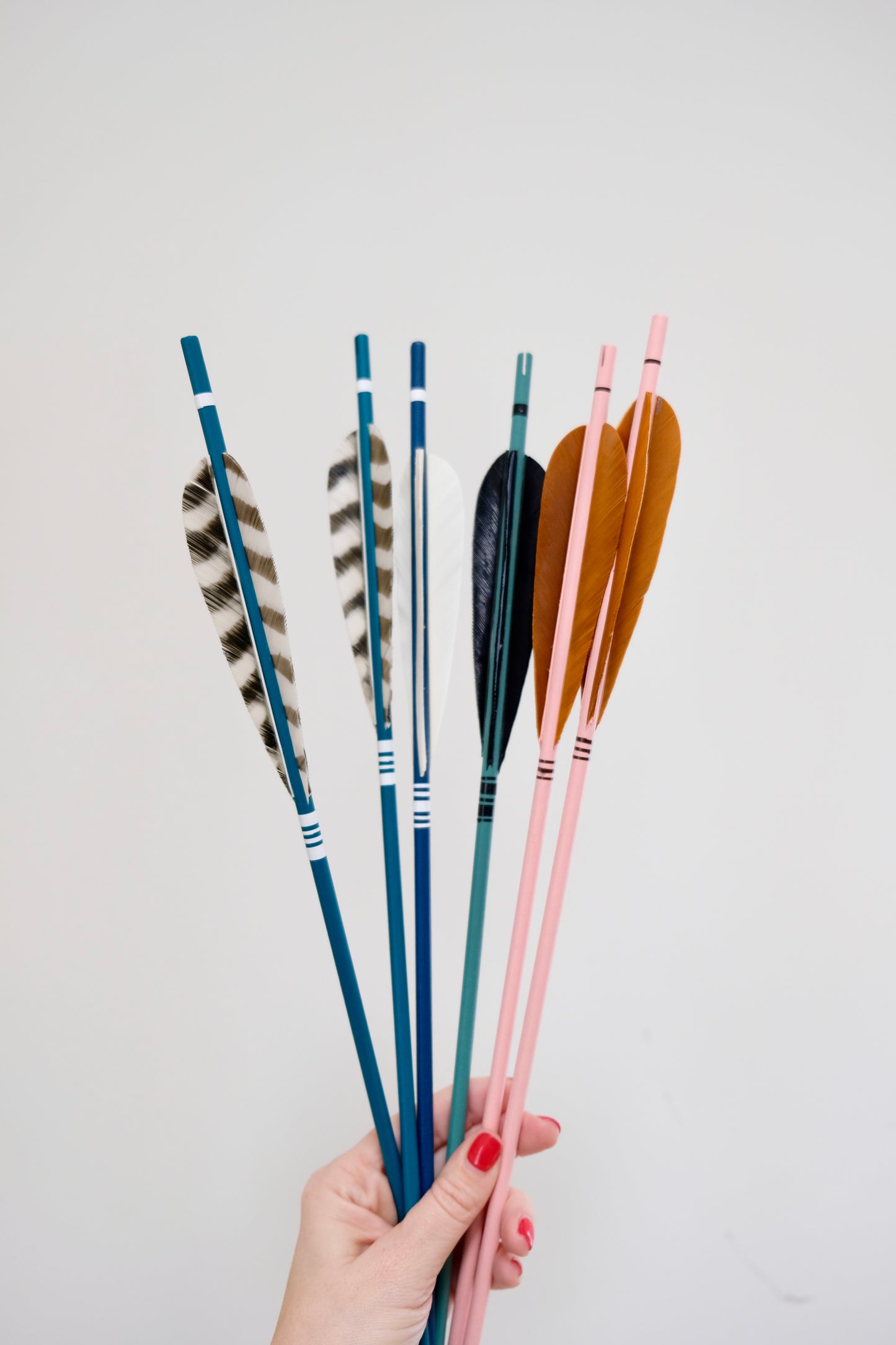Two Sets of Three Incredible Vintage Wooden Arrows with Goose Feathers