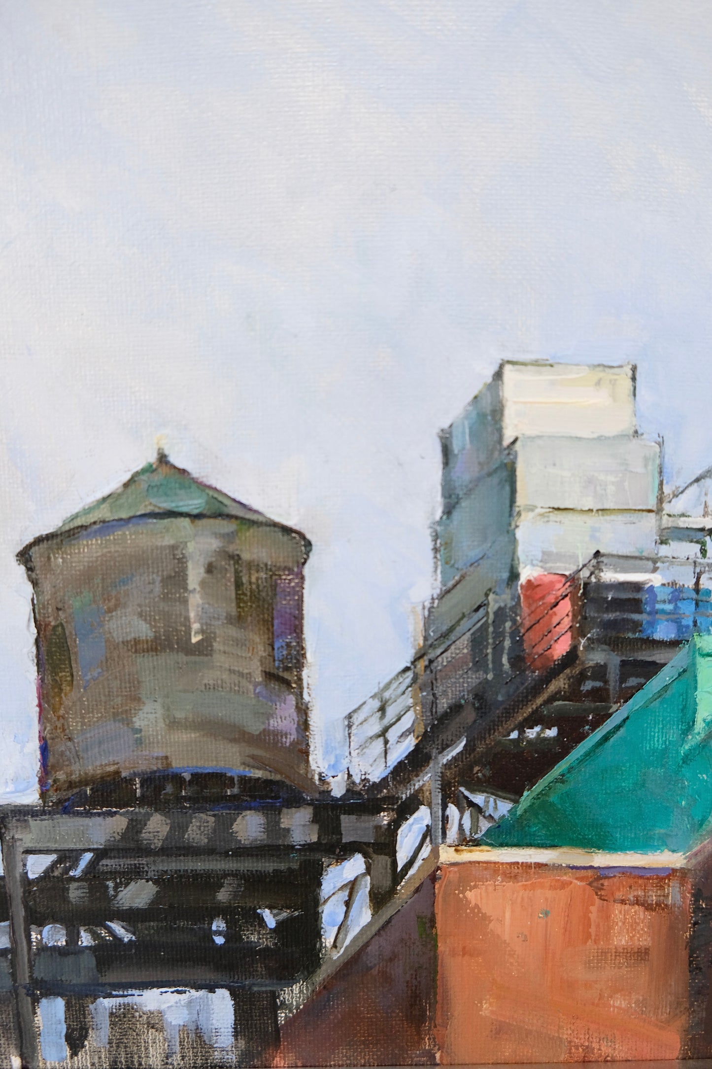 Signed Vintage Painting of an Urban Rooftop Landscape.