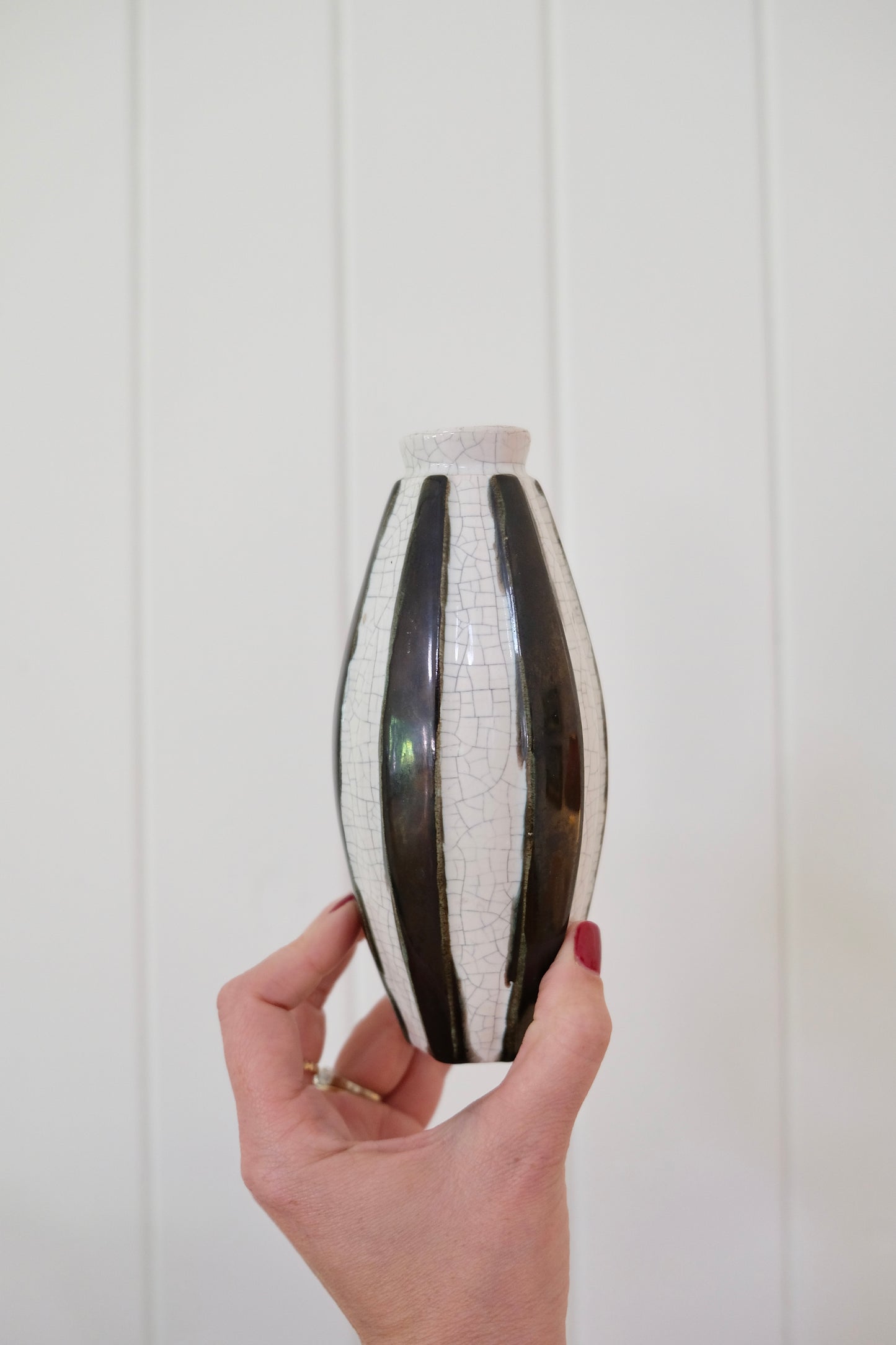 Skinny Black and White Crackled Bud Vase