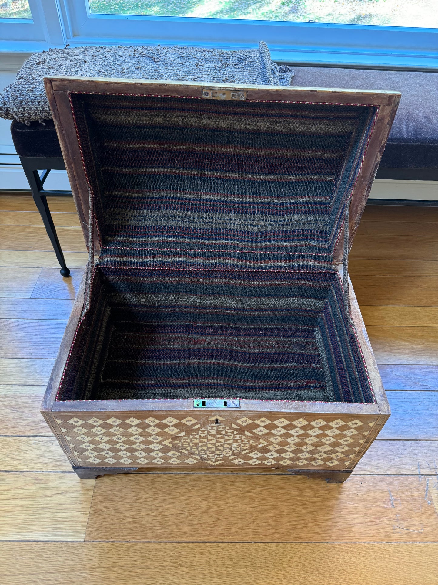 Antique Moroccan Wood and Inlaid Bone Fabric Lined Storage Chest