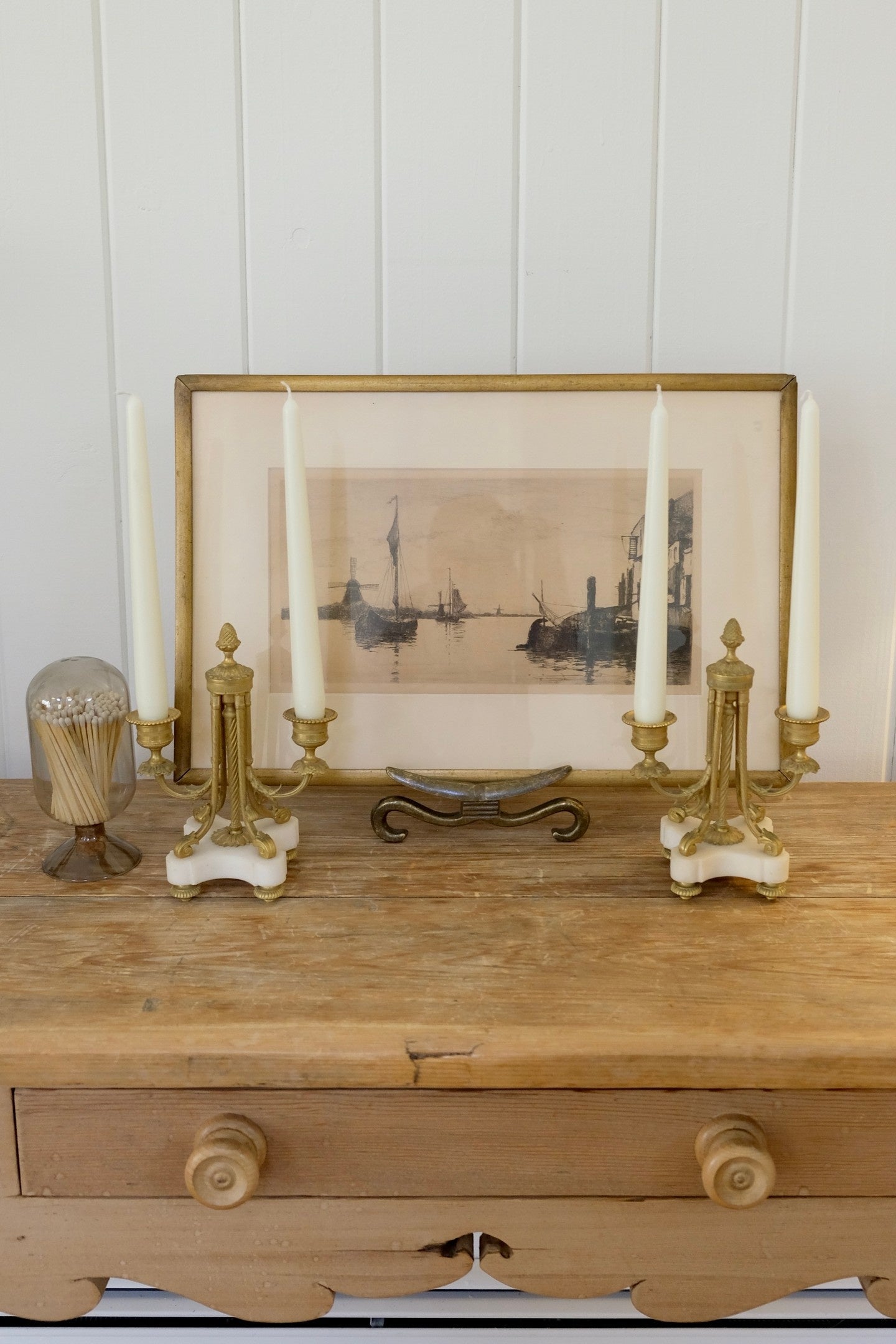 Pair Antique French Gilt Bronze Candelabras with Marble Base