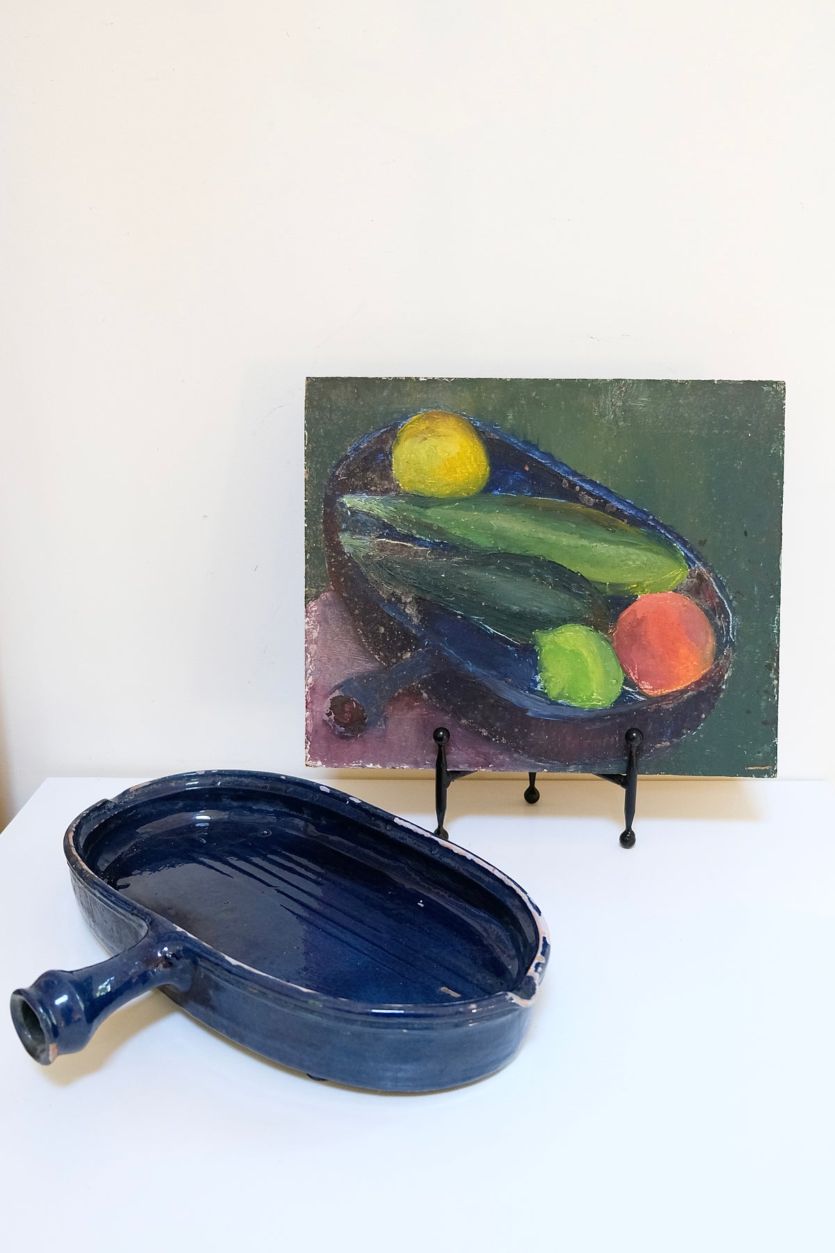 Vintage French Biot Blue Glazed Pottery Dish