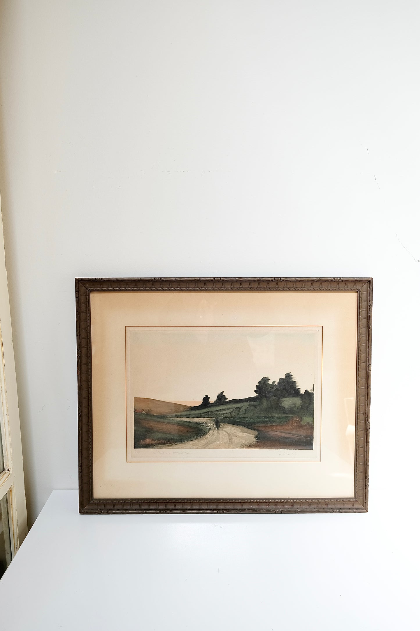 Antique Colored Etching, signed and titled “A Road over the South Downs.”