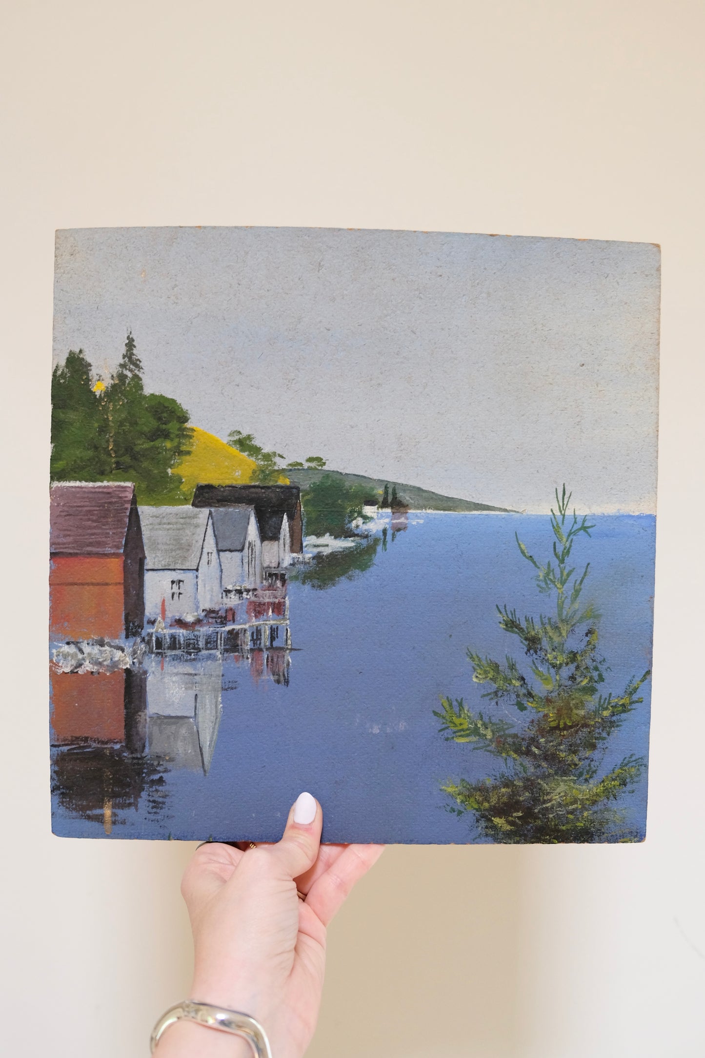 Vintage Oil Painting on Board of a Waterfront NH Town