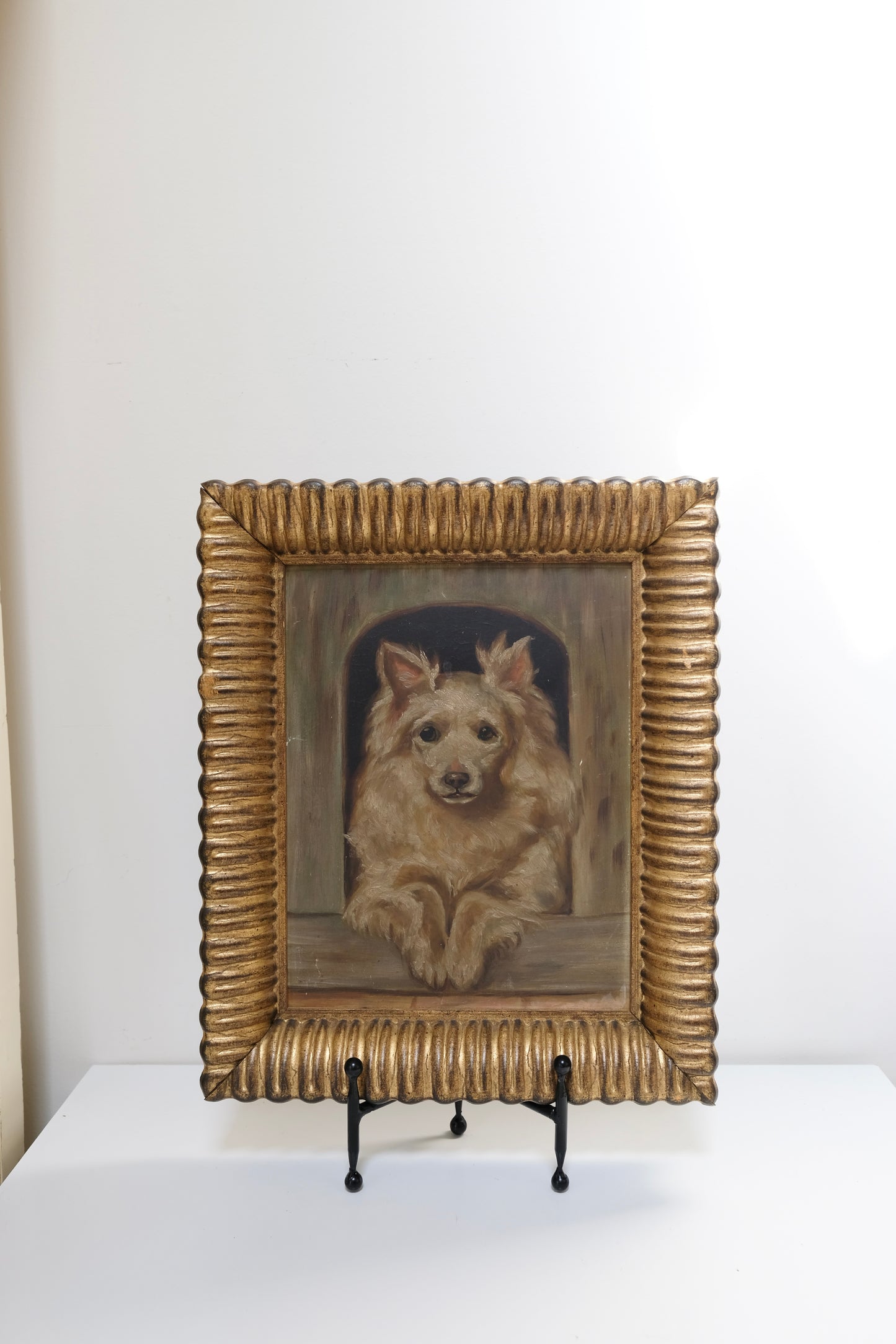 Antique Oil Painting of a Spitz Looking Out The Window