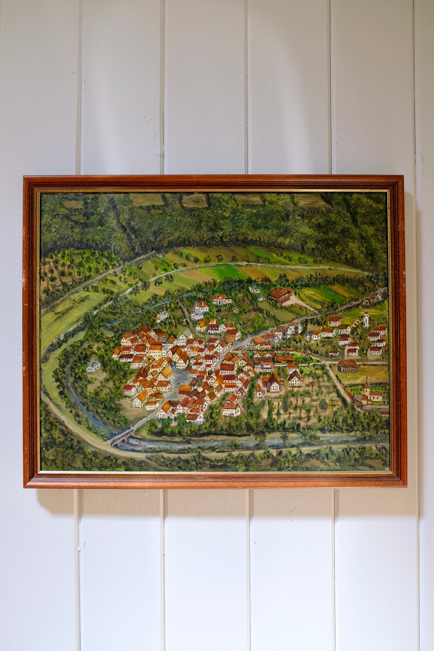 Vintage European Village Scene Oil Painting