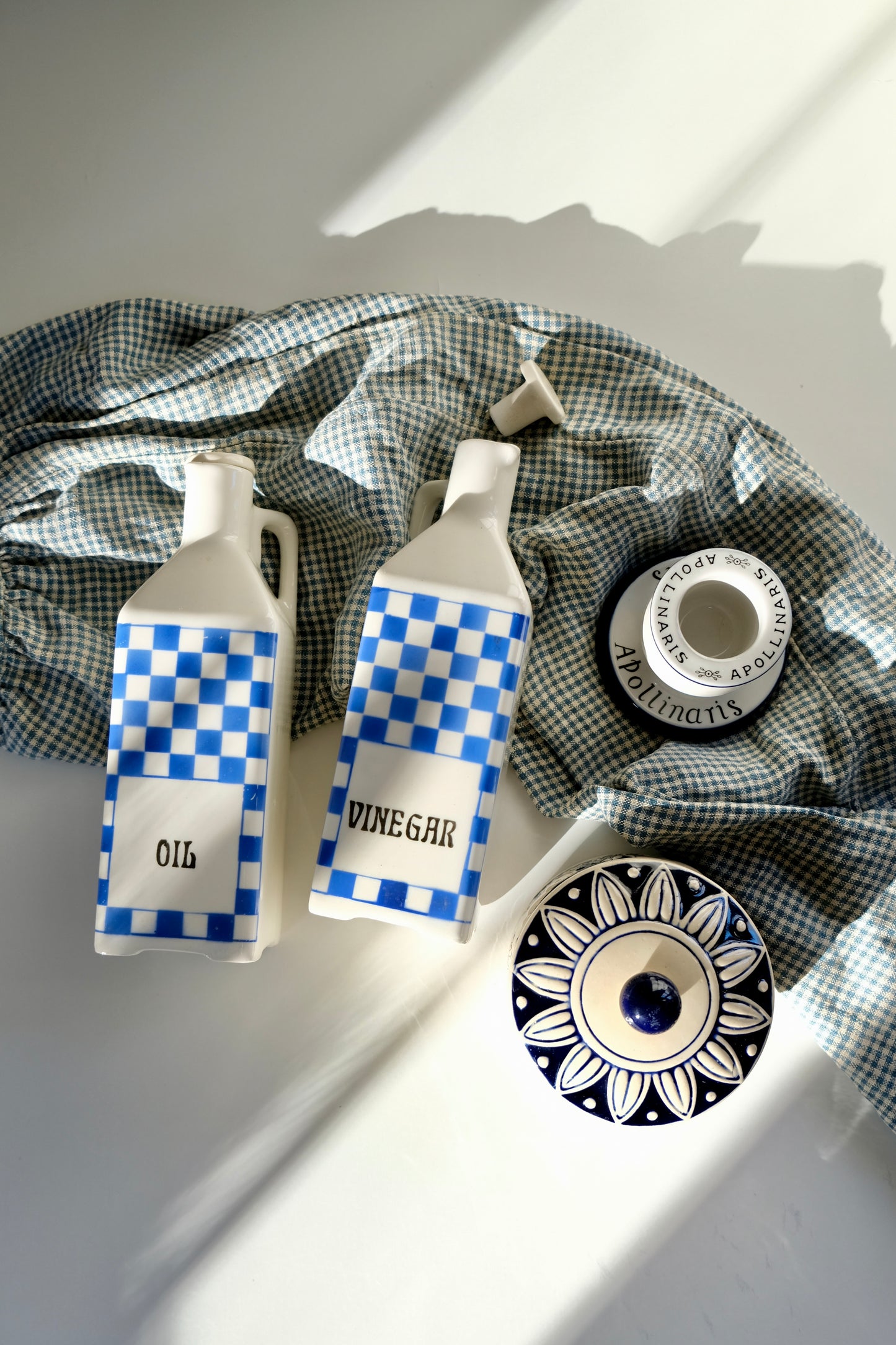 Vintage 1960s European Blue and White Checkered Oil and Vinegar Cruets