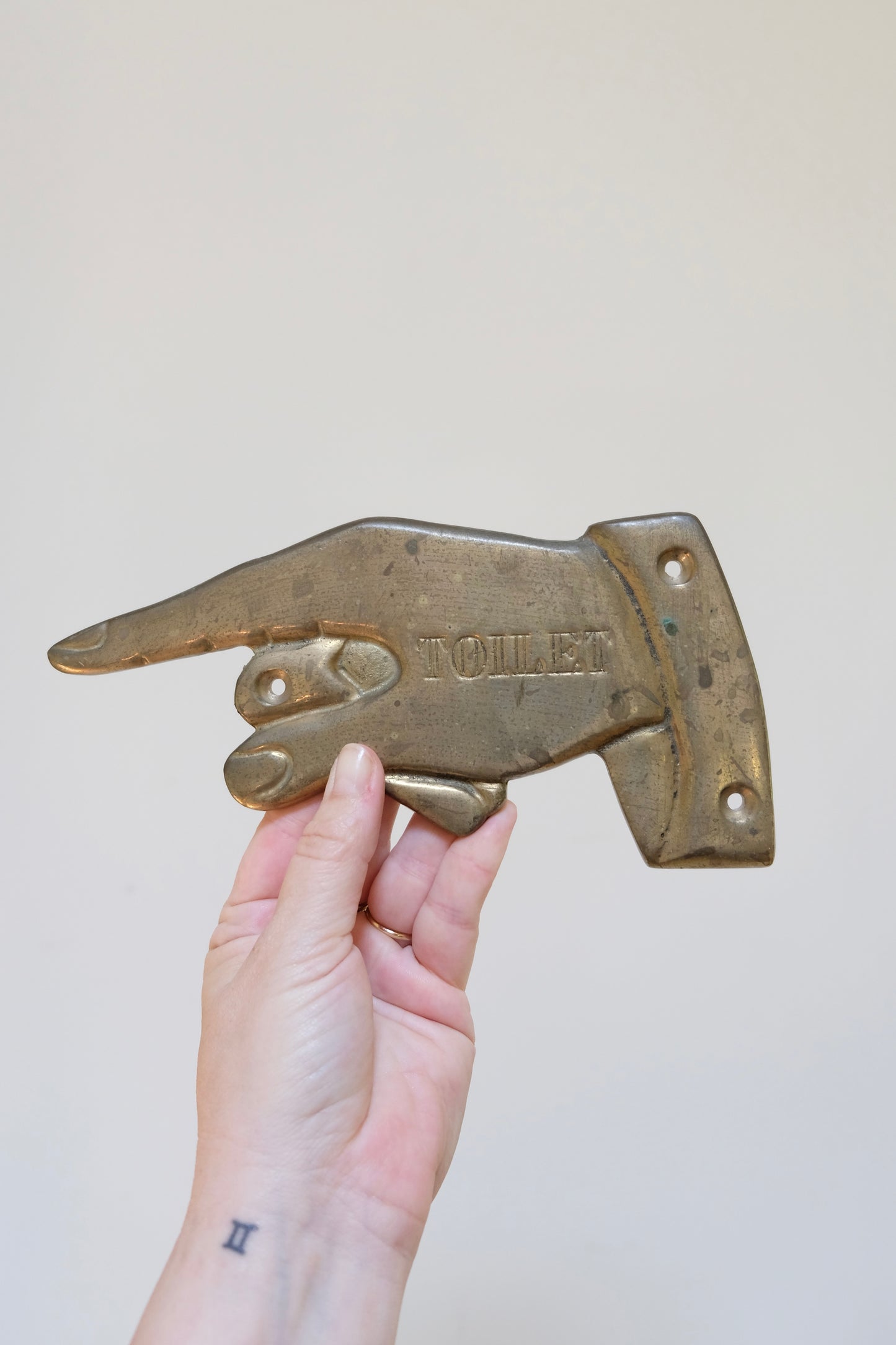 Brass Pointing Hand “Toilet” Sign, Vintage Directional Hand
