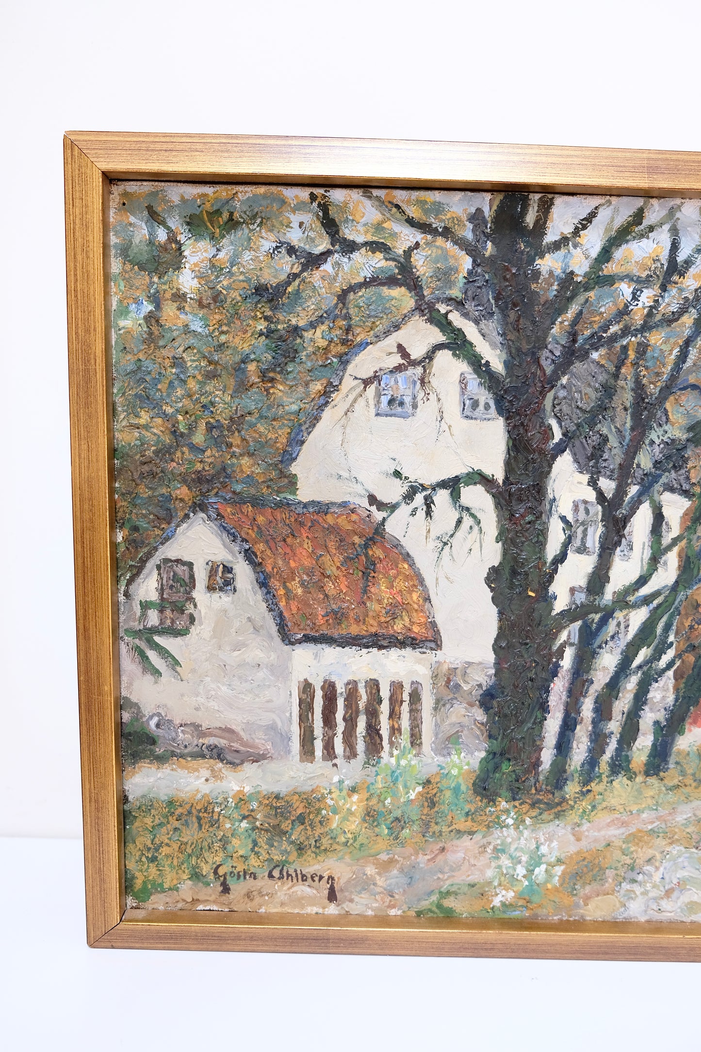 Vintage Impressionist Oil Painting of a Farmhouse by a River