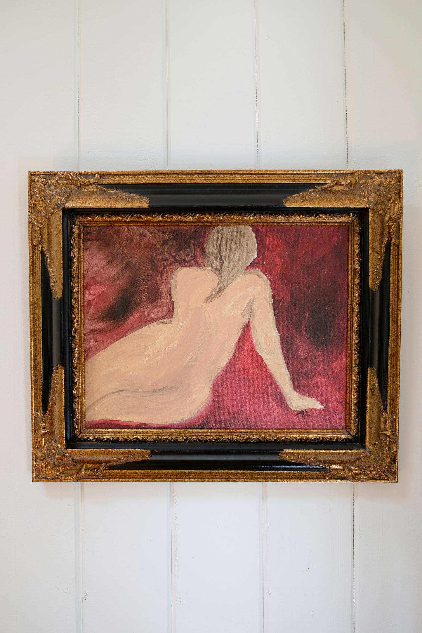 Vintage Moody Framed Nude Painting, Signed