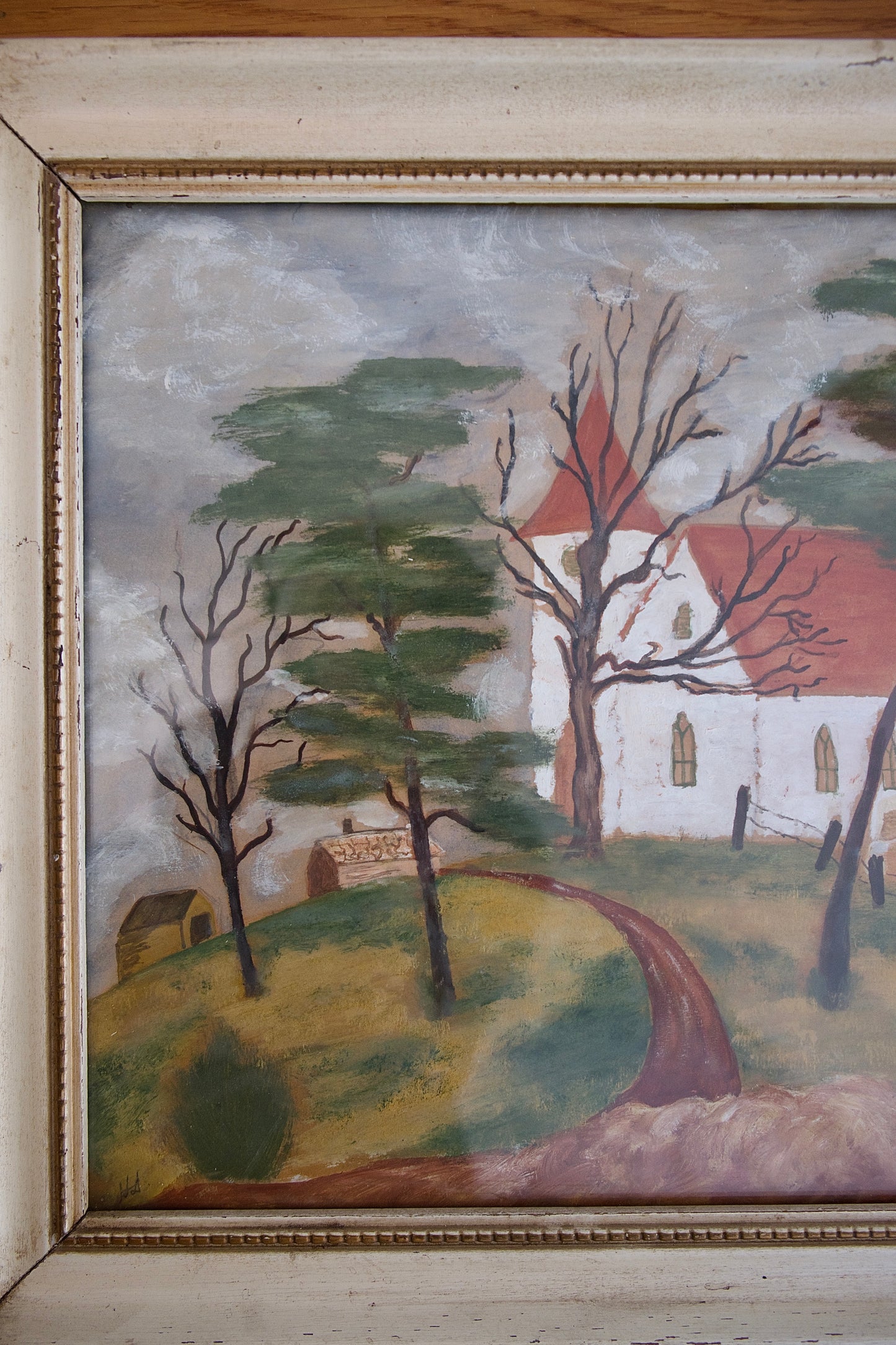 Vintage Signed Mixed Media Folk Art Painting on Paper
