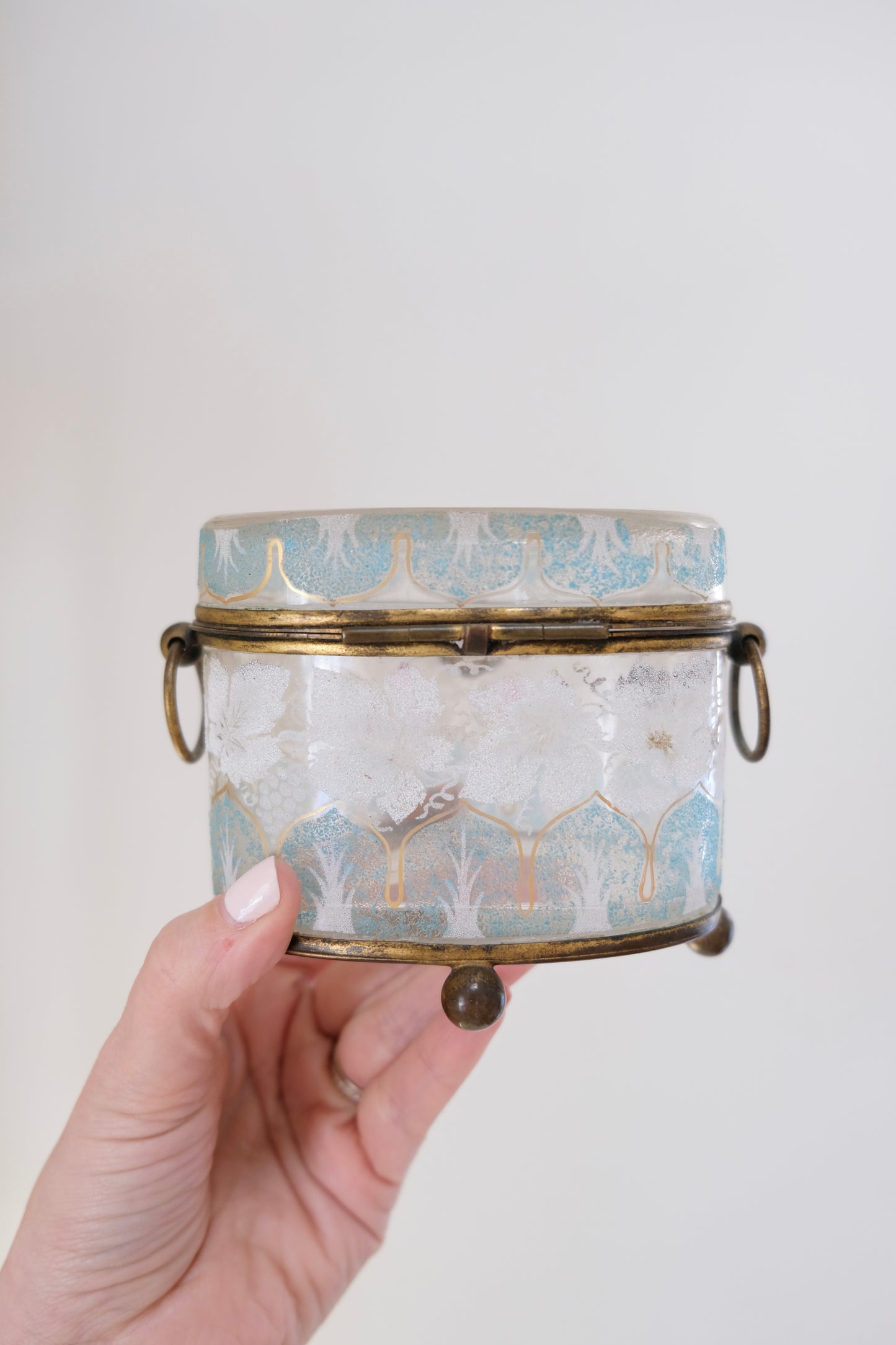 Antique Glass Jewelry Box with Blue and White Details