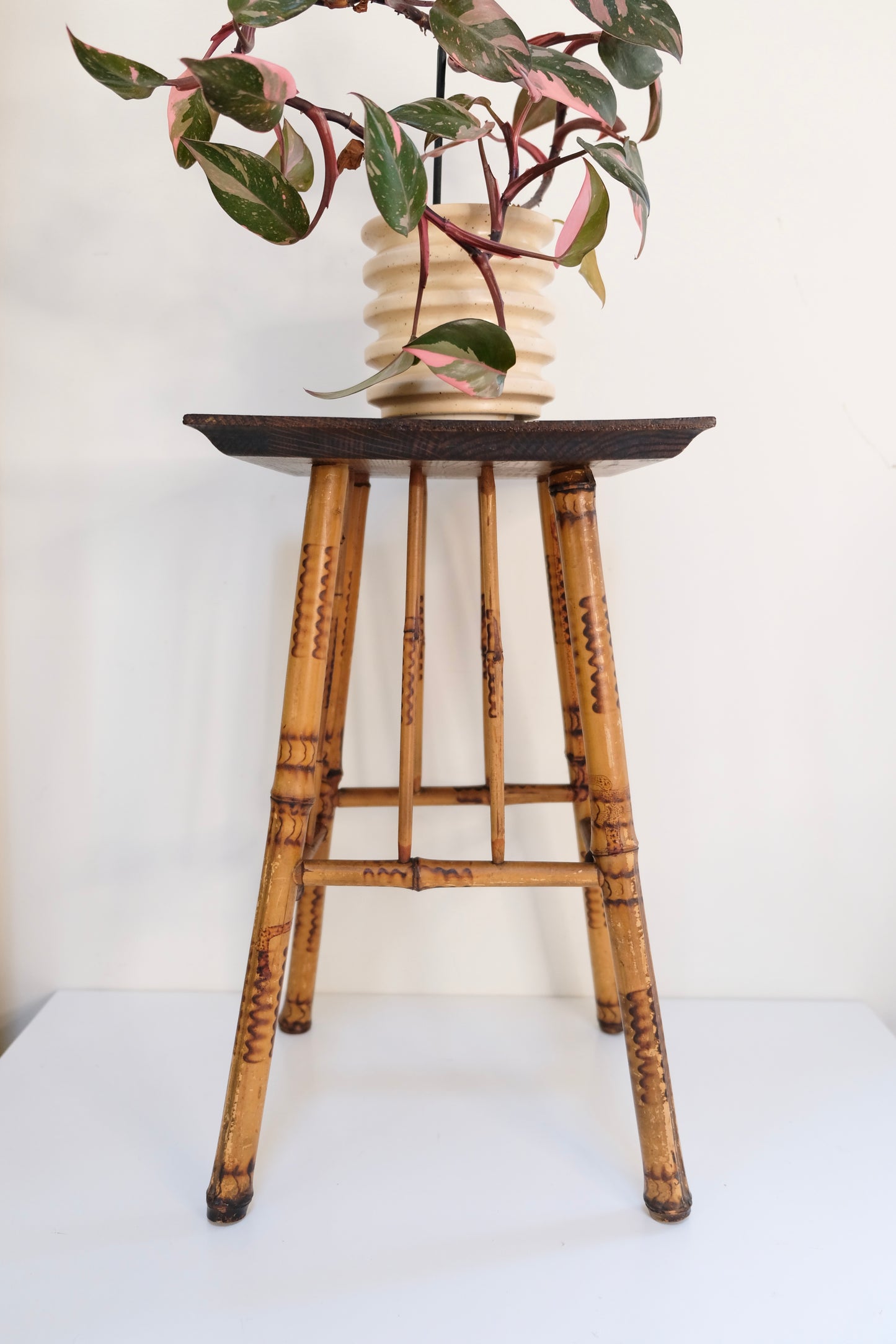 Vintage Burnt Bamboo Plant Stand with Wooden Top