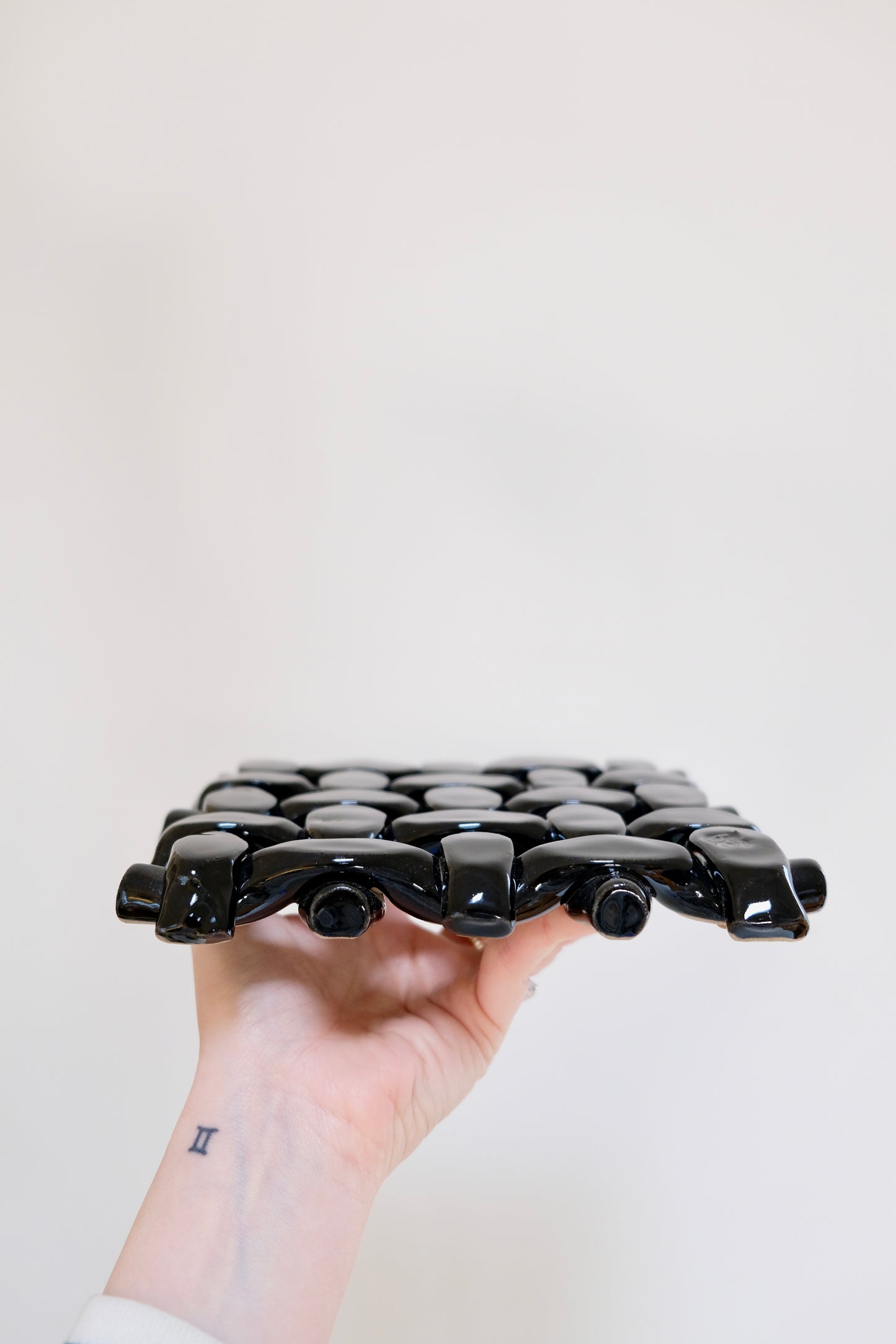 Woven Pottery Trivet in Black Glaze
