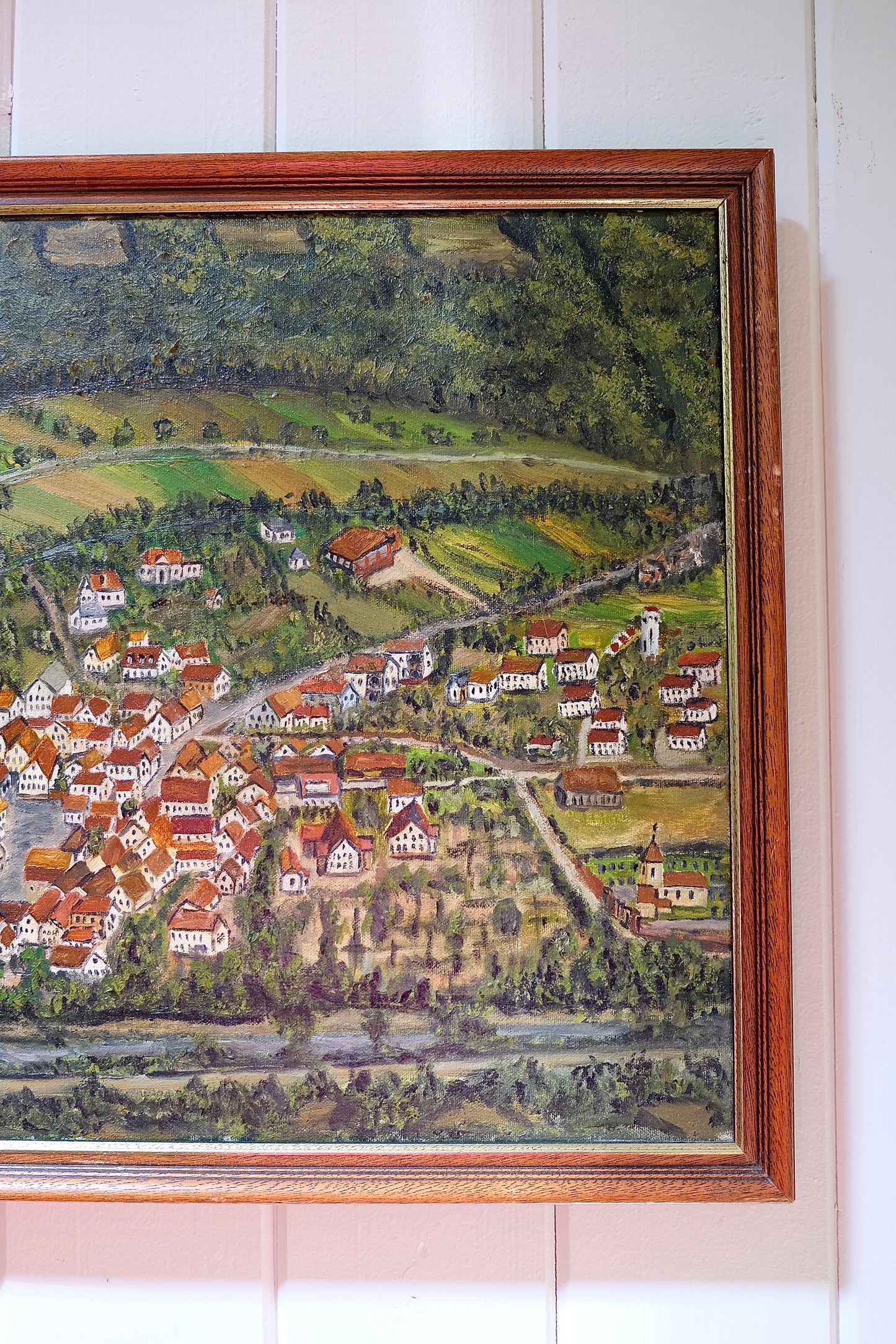 Vintage European Village Scene Oil Painting