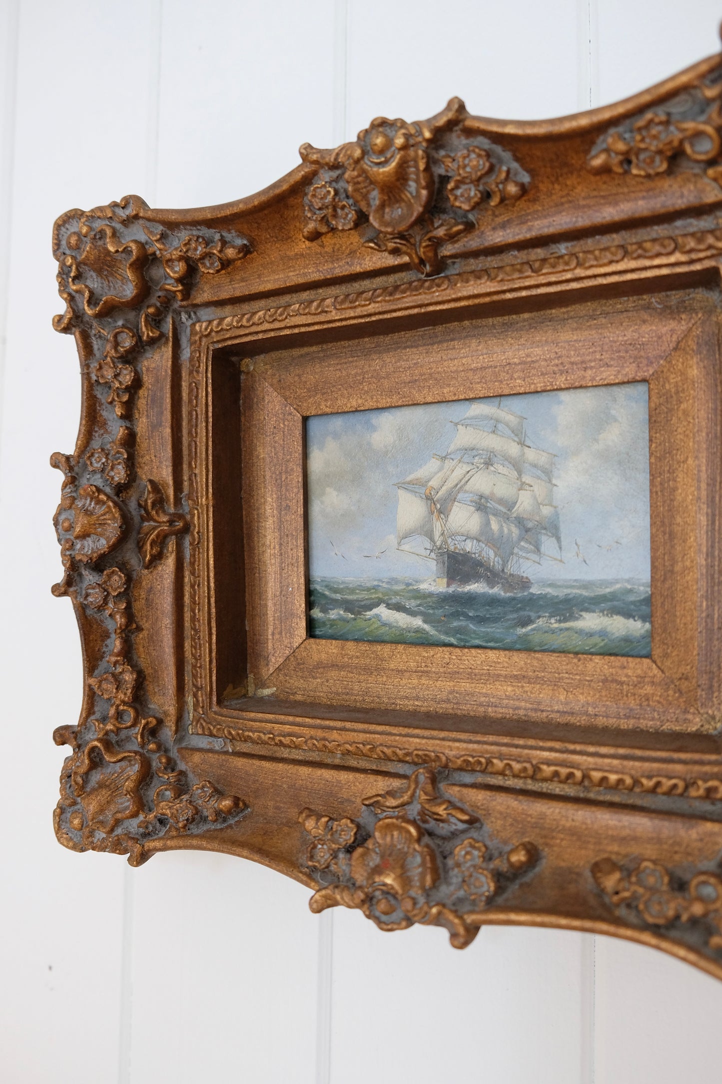 Vintage Nautical Oil Painting of Tall Ship in Ornate 3" Deep Carved Wood Frame – Signed