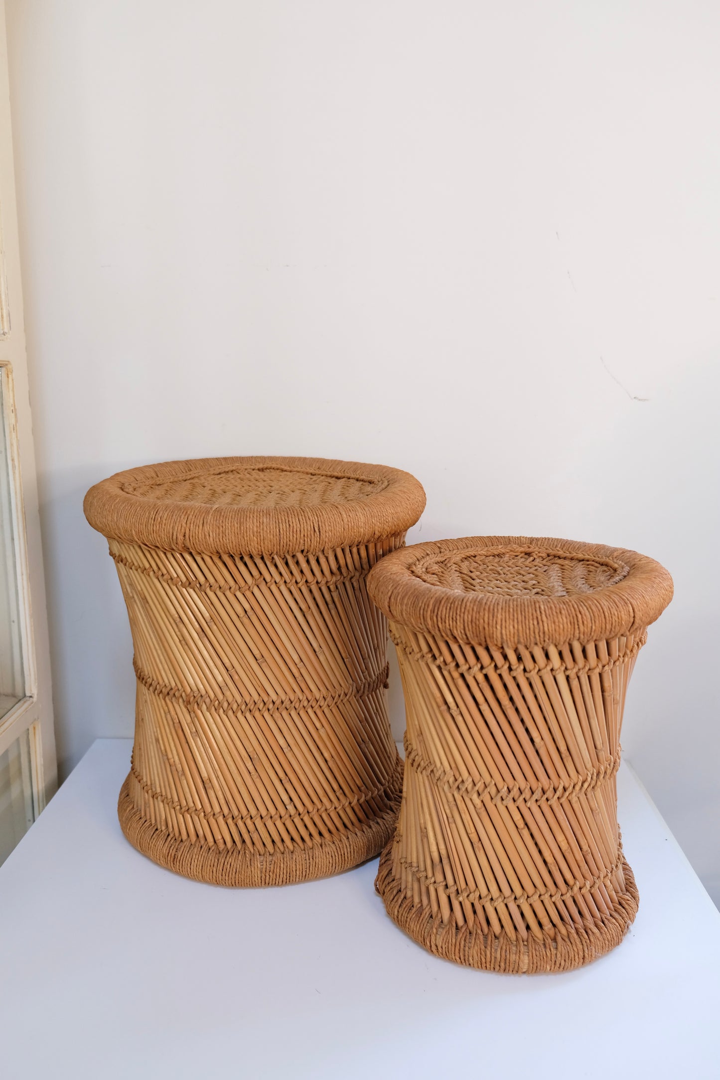 Vintage Jute Wicker Pencil Reed Bamboo Stool/Stands