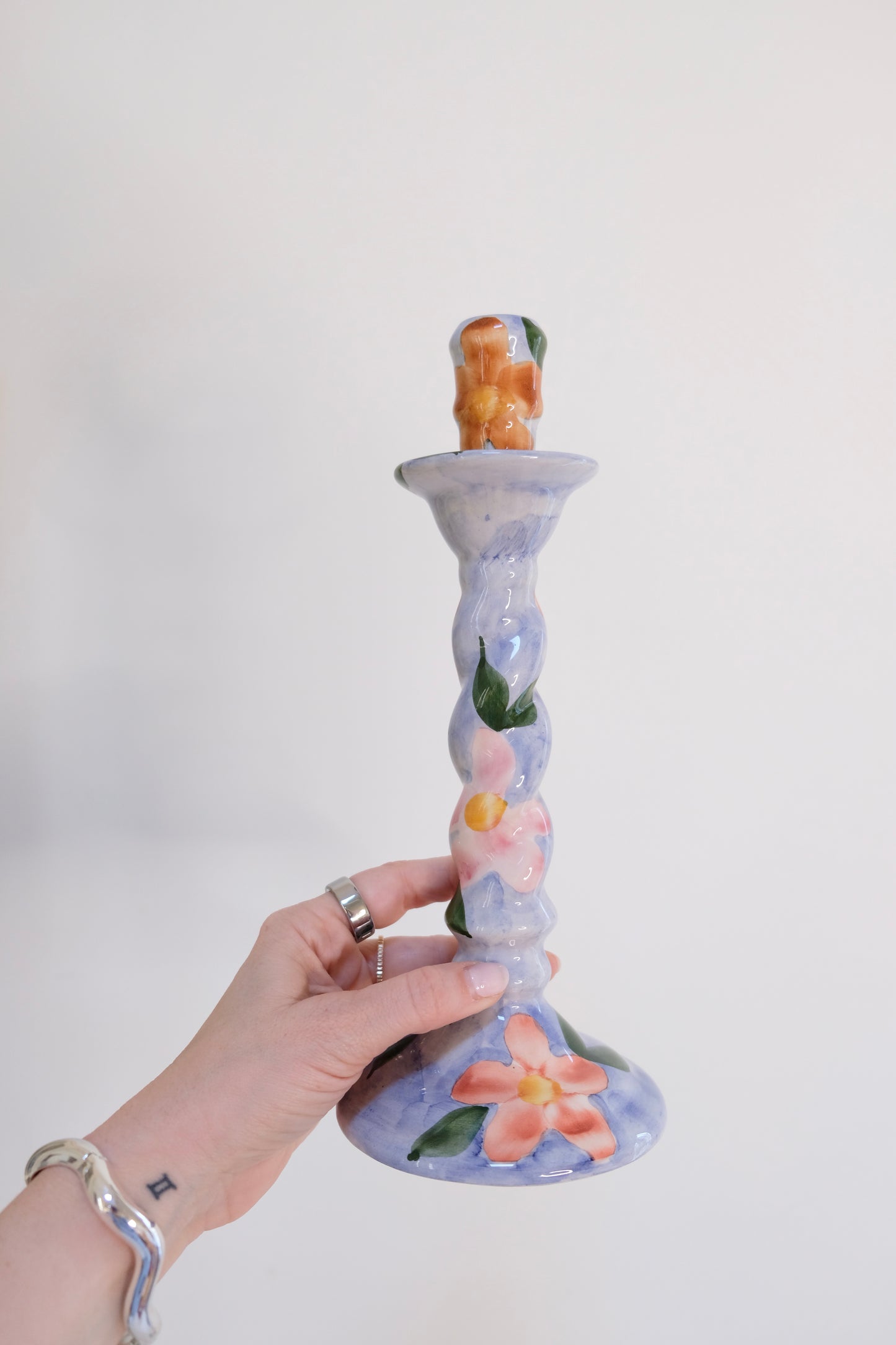 Set of Two Hand-Painted Ceramic Candlestick Holders