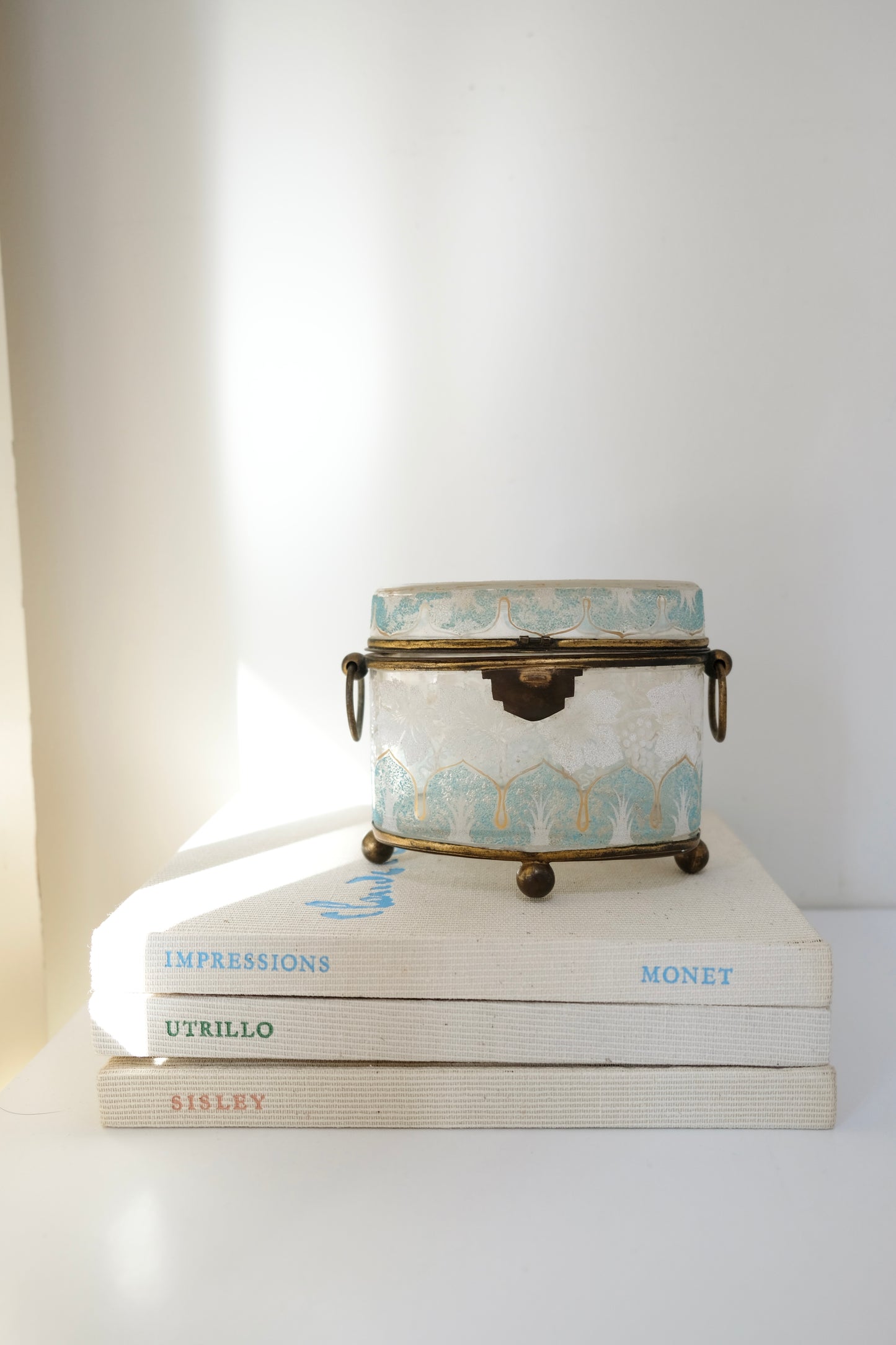 Antique Glass Jewelry Box with Blue and White Details