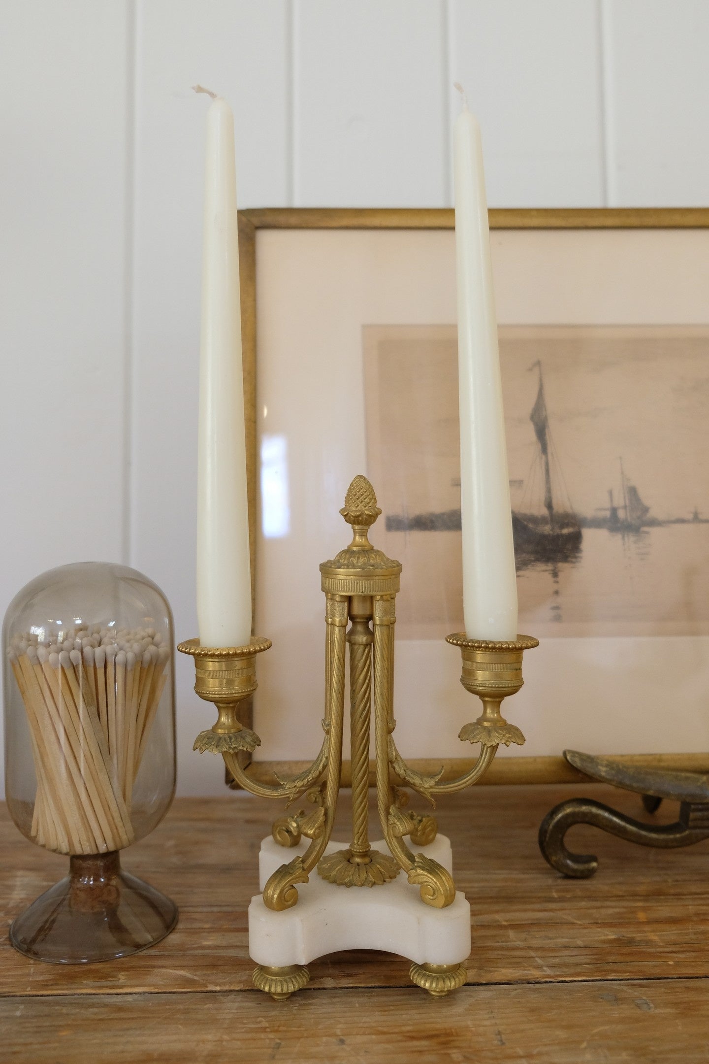 Pair Antique French Gilt Bronze Candelabras with Marble Base