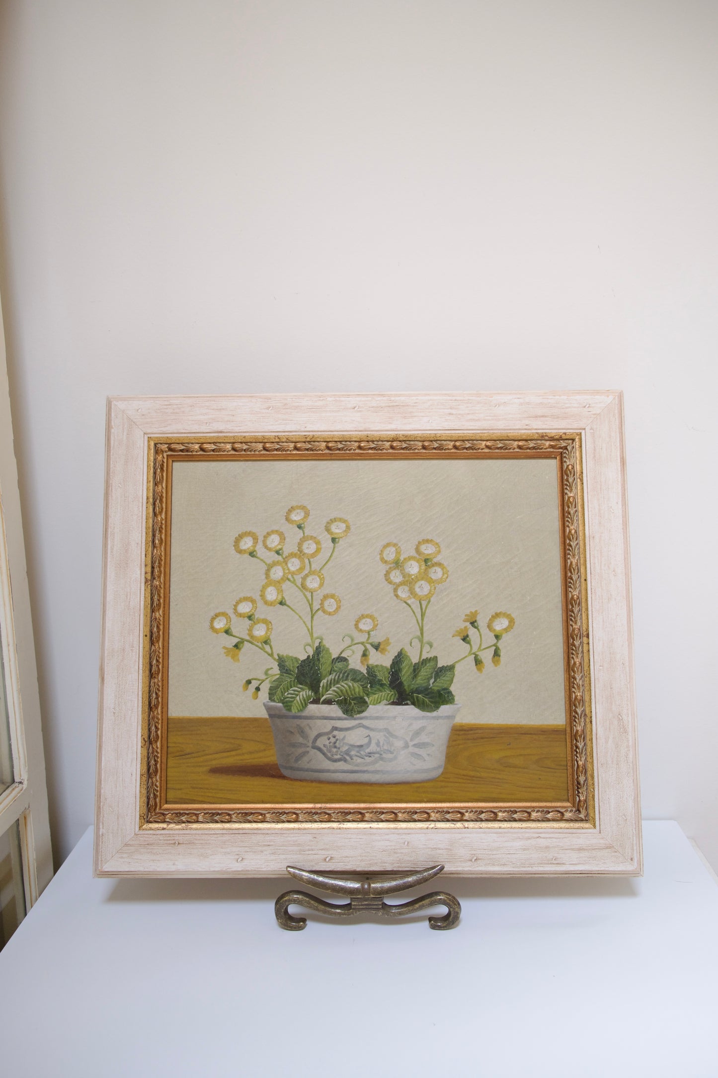 Vintage Still Life of Button Flowers in Ornate Pot