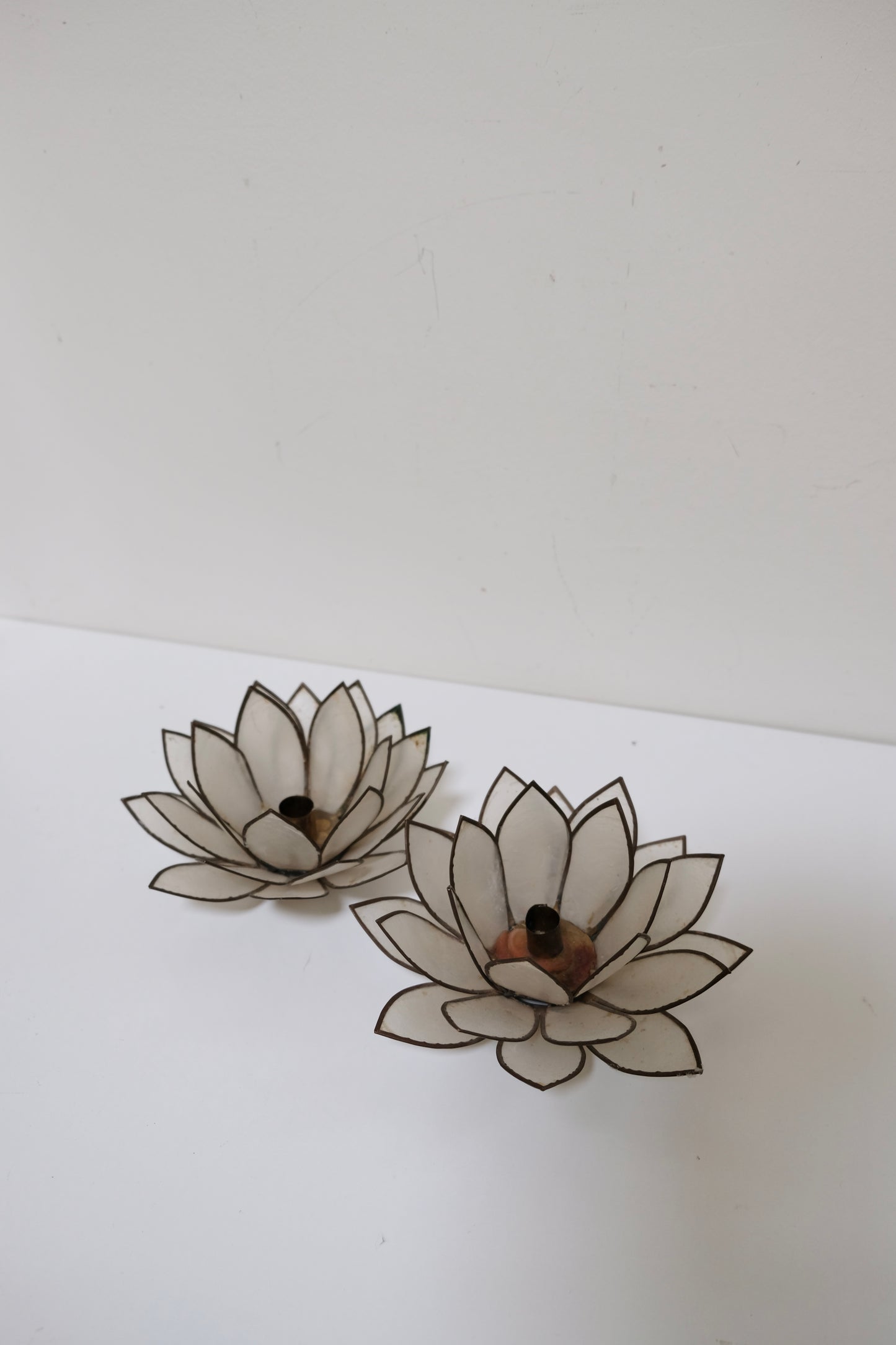 Pair of Vintage Capiz Shell Floral Candleholders