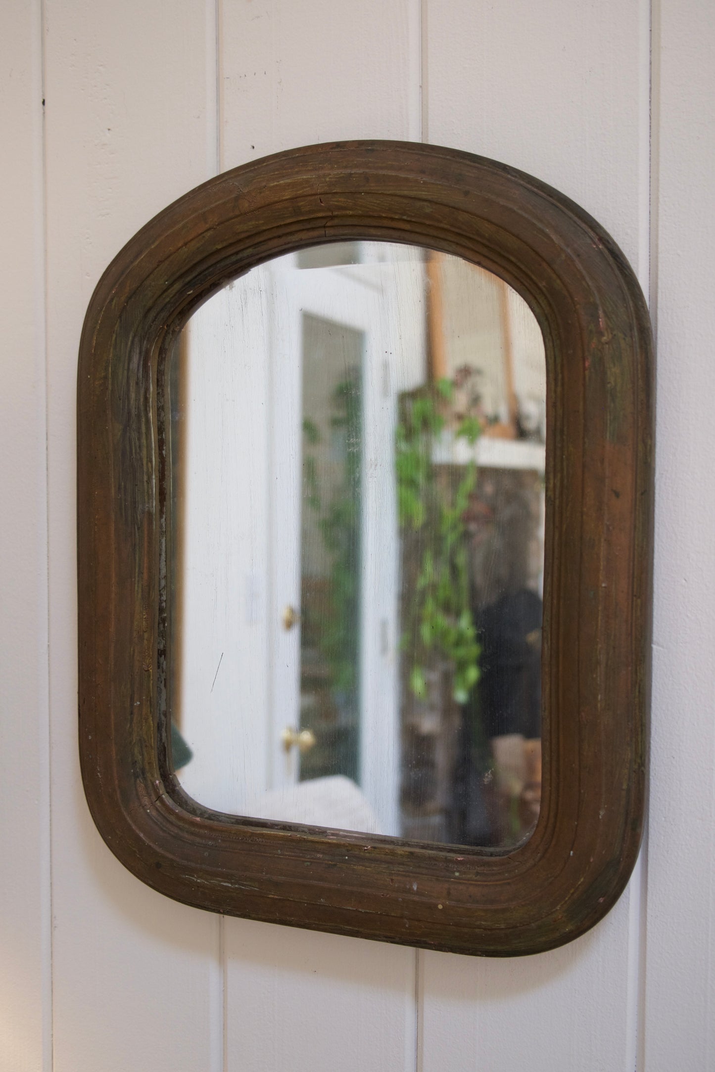 Antique Arched Top Wood Mirror with Original Aged Glass, European Style