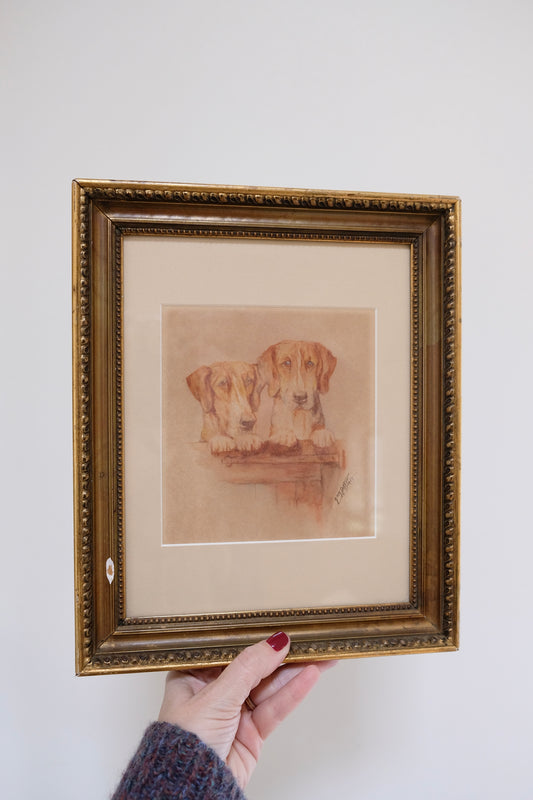 Signed Vintage Watercolor of Two Dachshunds, dated 1937