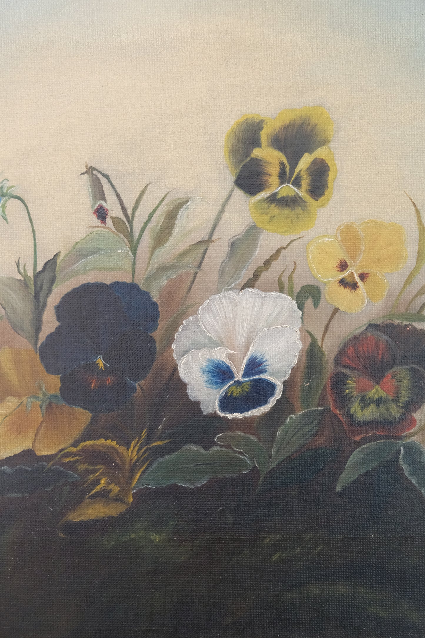 Likely Antique Pansy Oil Painting on Canvas in Gilt Frame